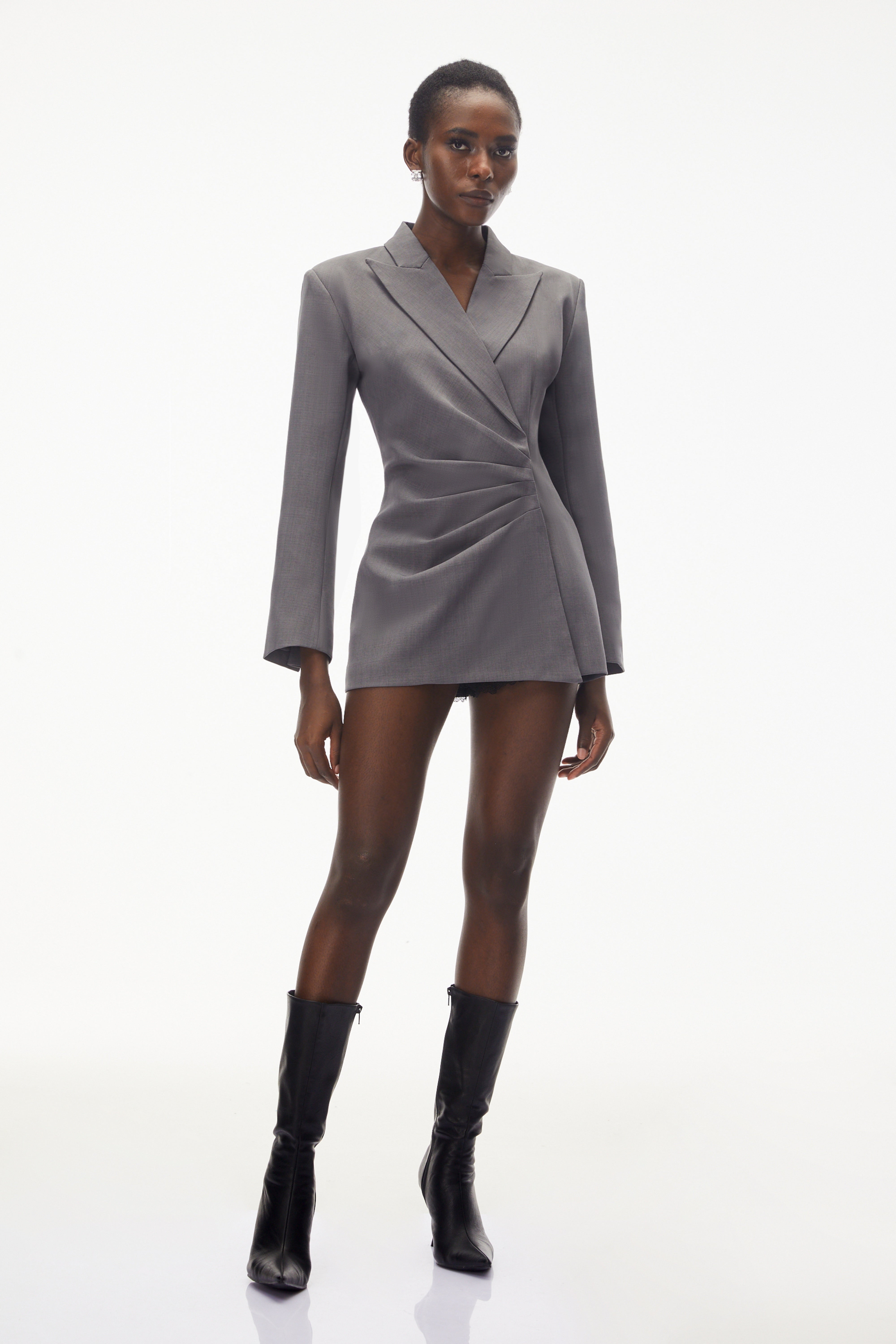 Eliza Grey Asymmetrical Ruched Blazer