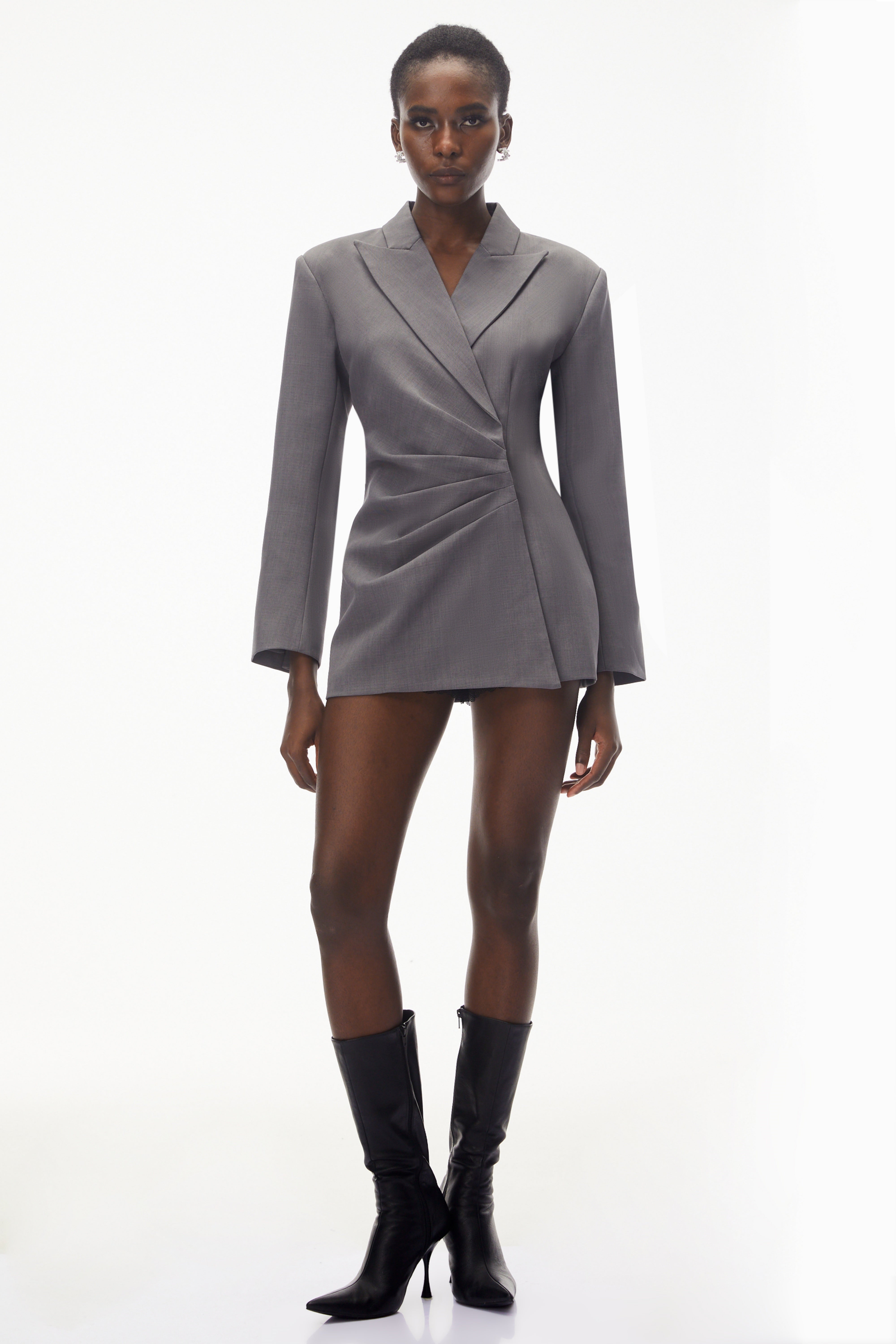 Eliza Grey Asymmetrical Ruched Blazer