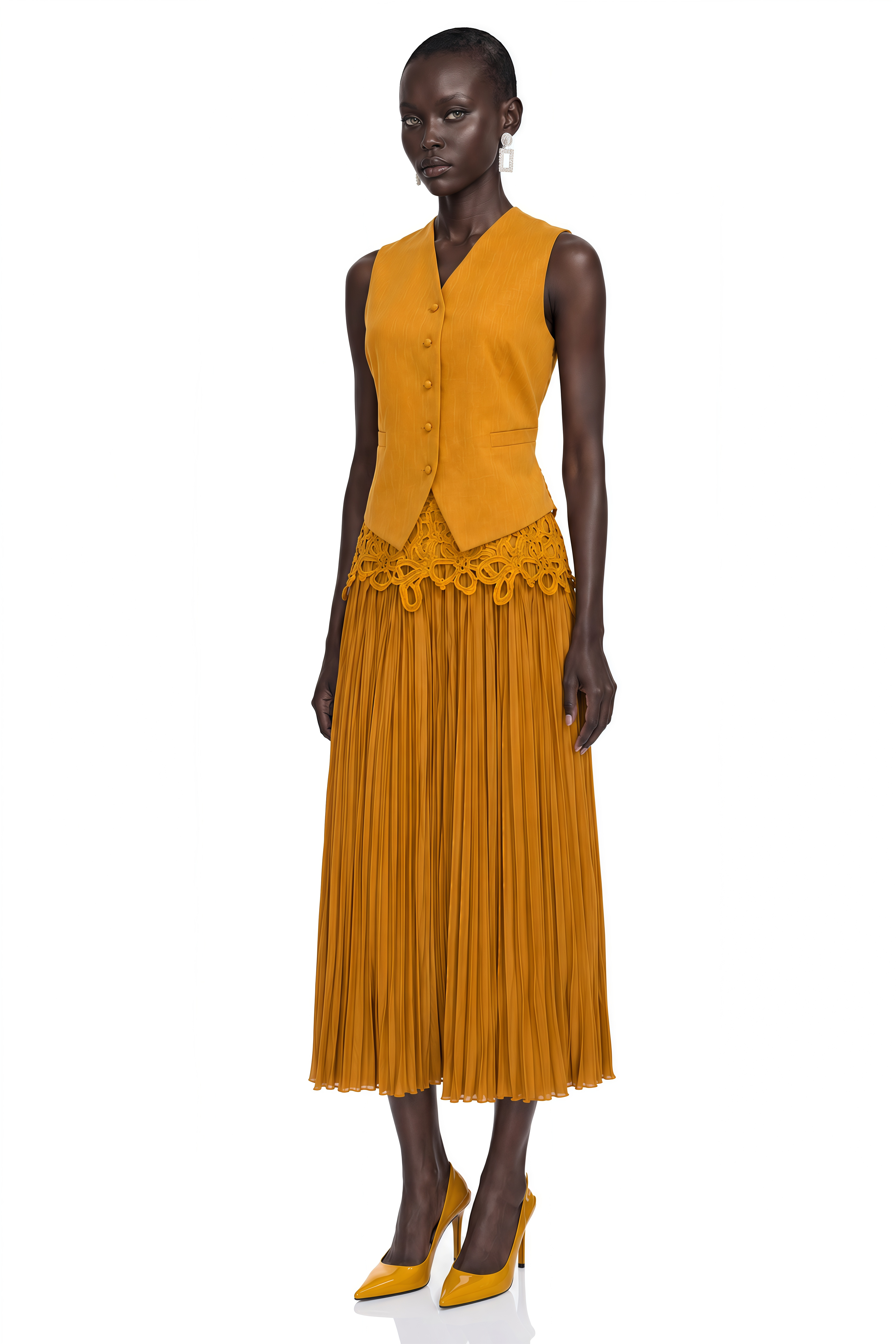 Elmas Khaki Lace Top & Pleated Skirt Set