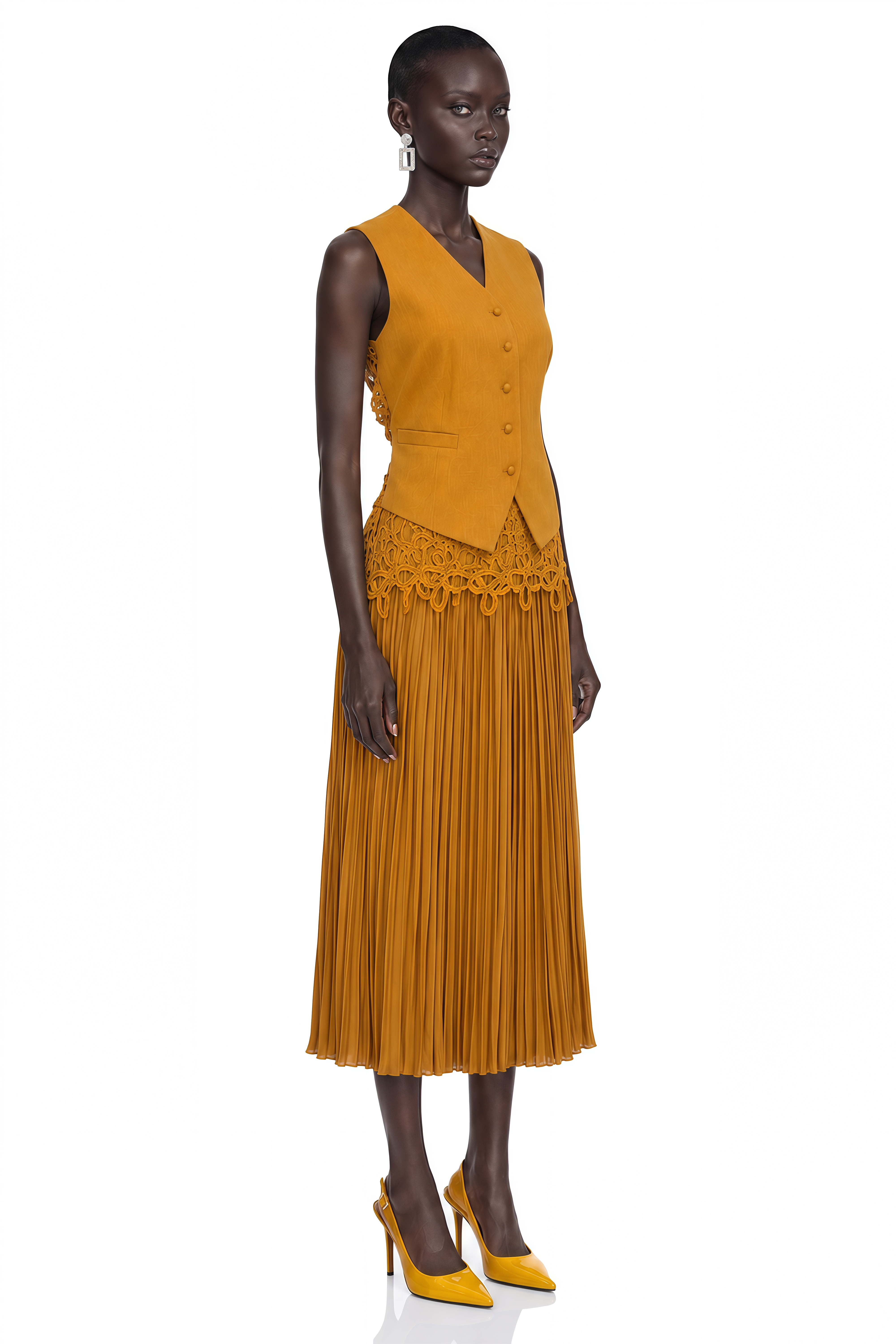 Elmas Khaki Lace Top & Pleated Skirt Set
