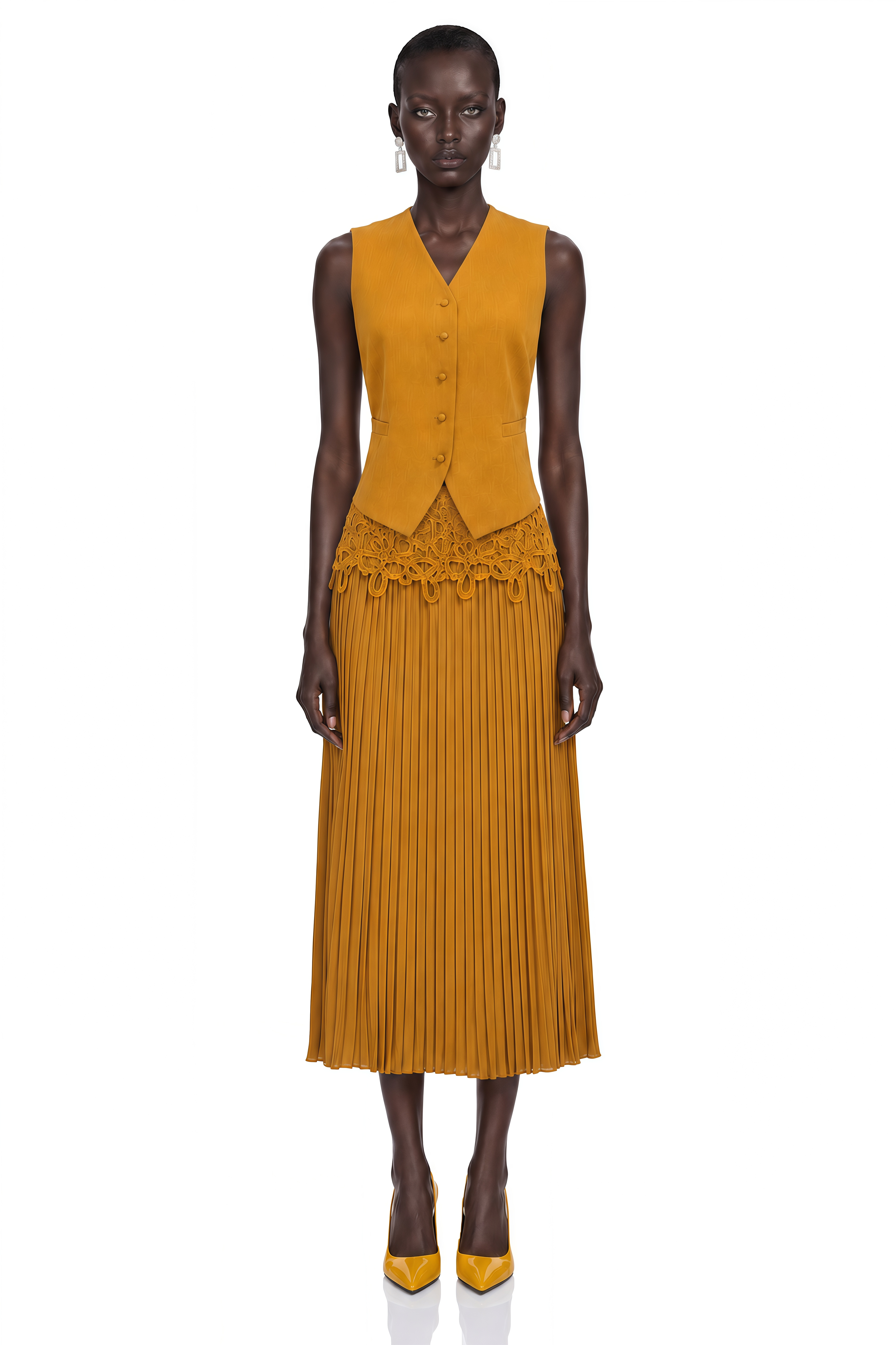 Elmas Khaki Lace Top & Pleated Skirt Set