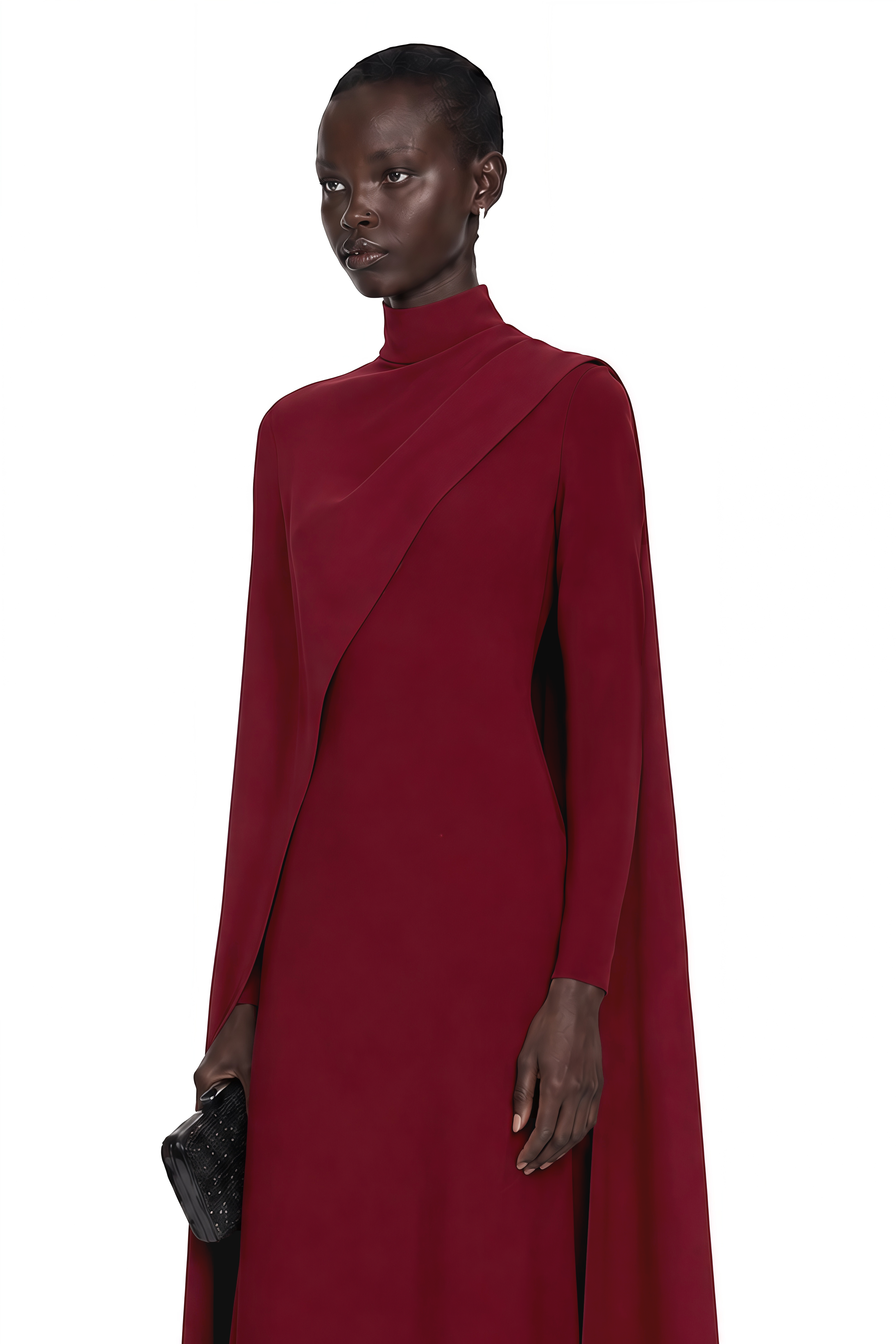 Burgundy high-neck maxi dress with long sleeves and an asymmetric floor-length cape overlay