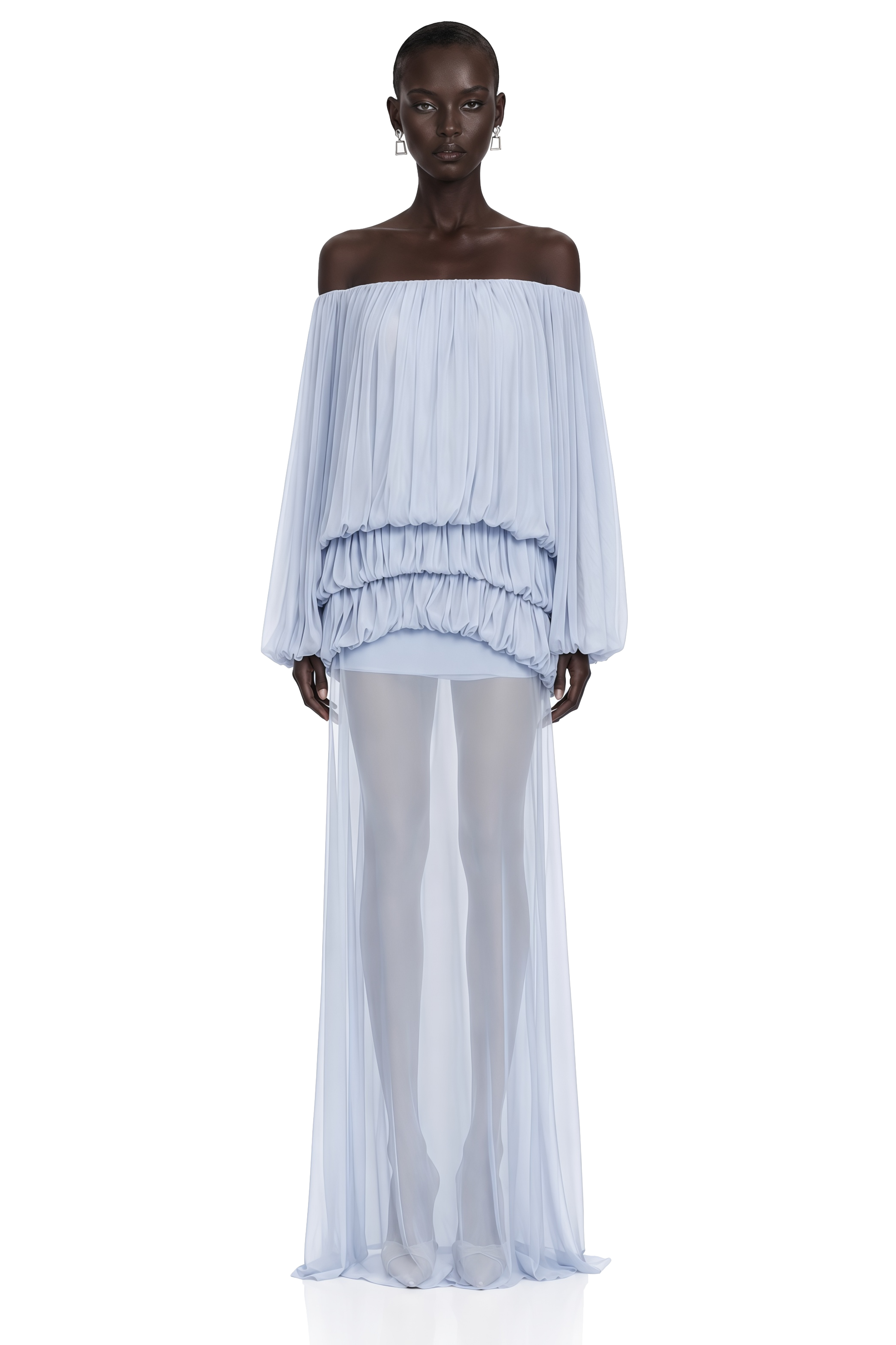 Elodie Blue Off Shoulder Pleated Chiffon Top & Skirt Set