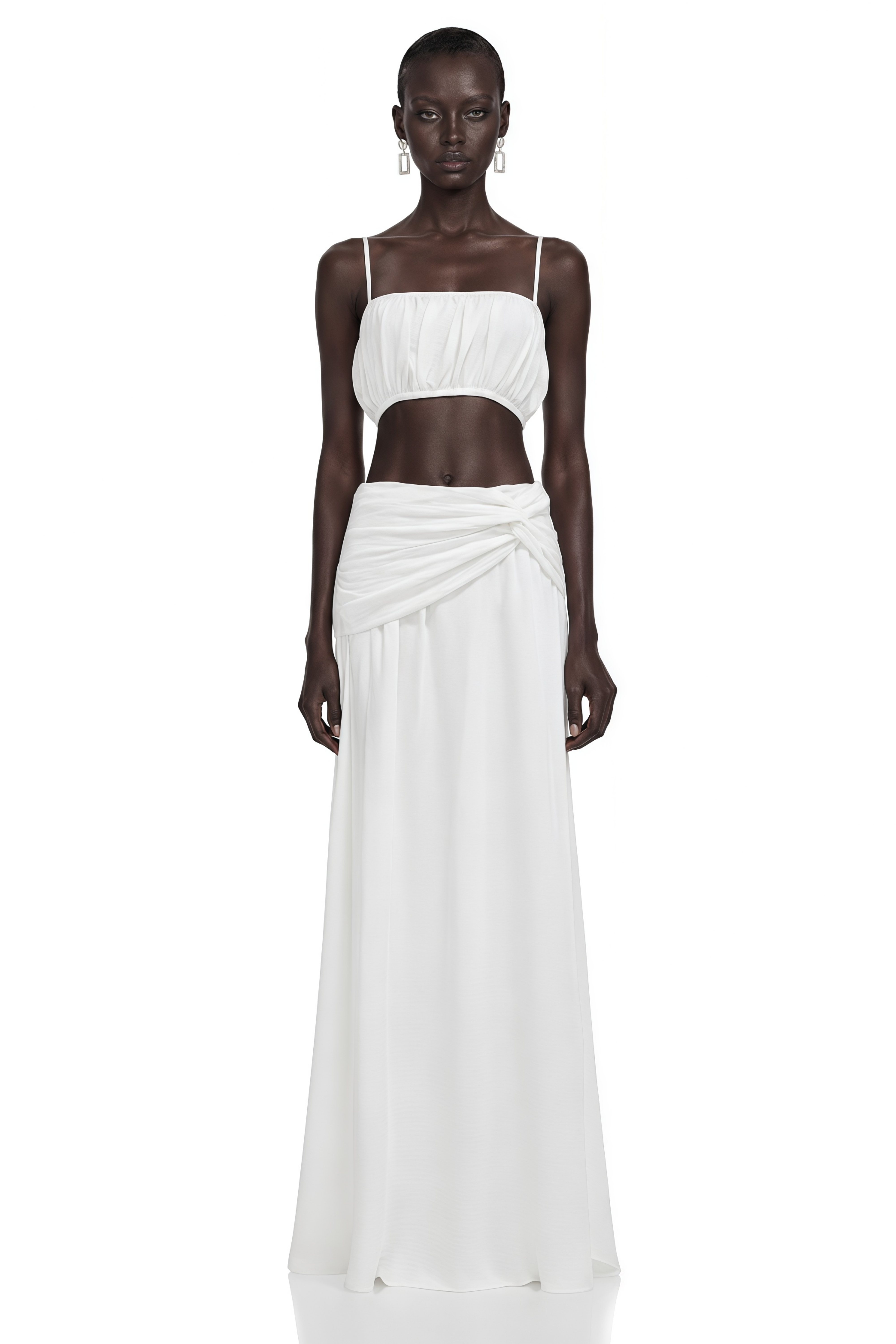 Elodie White Ruched Crop Top & Draped Skirt Set