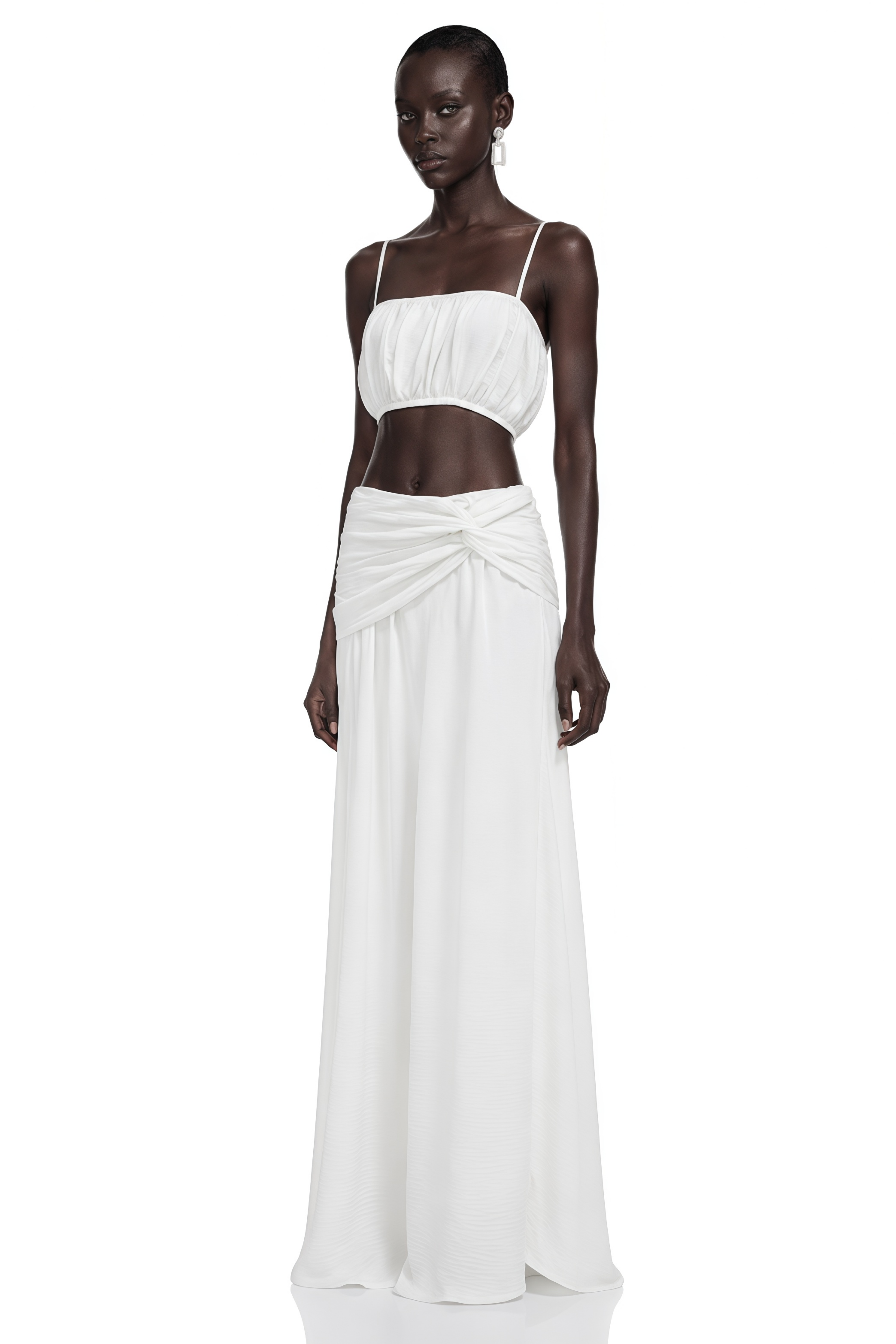 Elodie White Ruched Crop Top & Draped Skirt Set