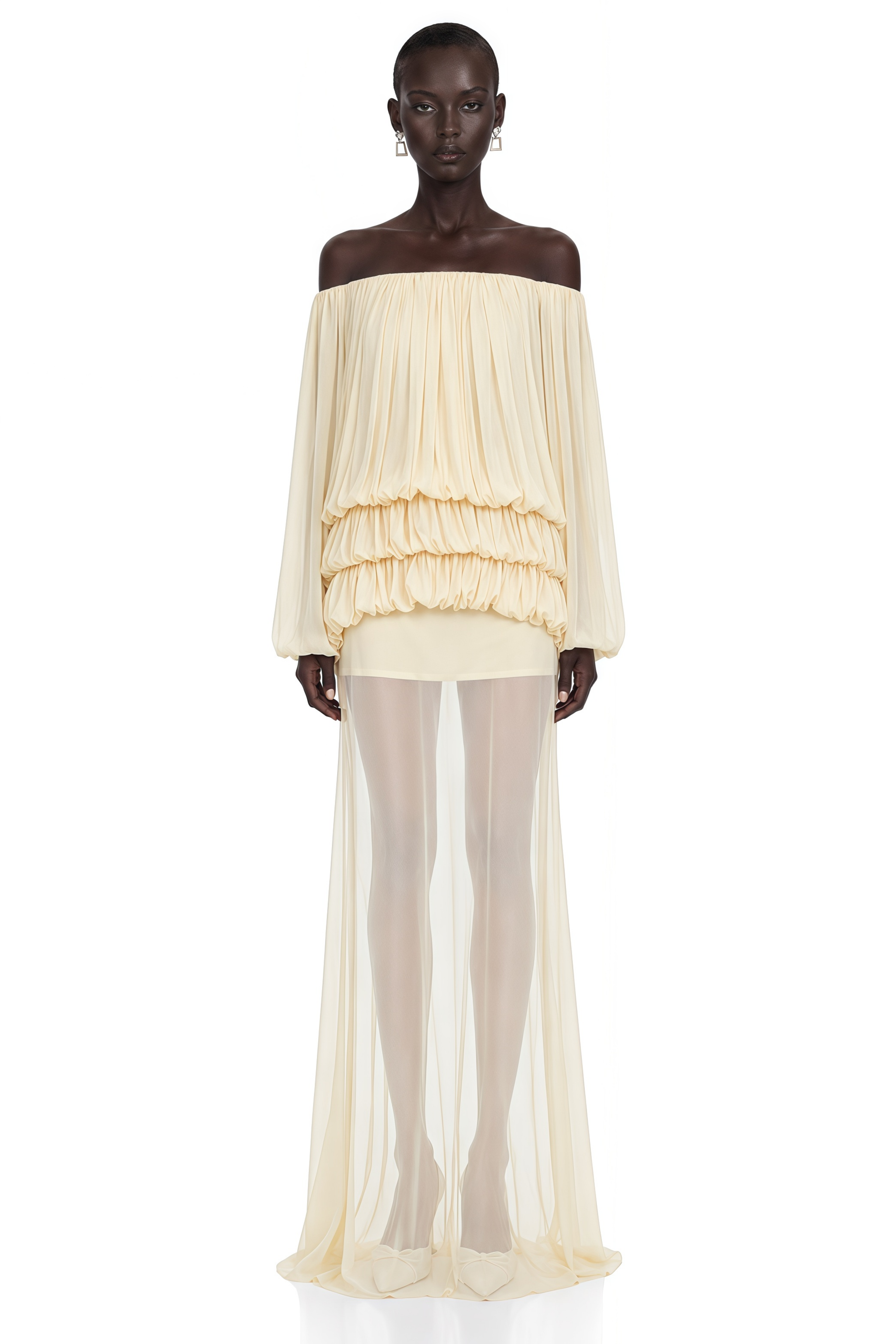 Elodie Yellow Off Shoulder Pleated Chiffon Top & Skirt Set
