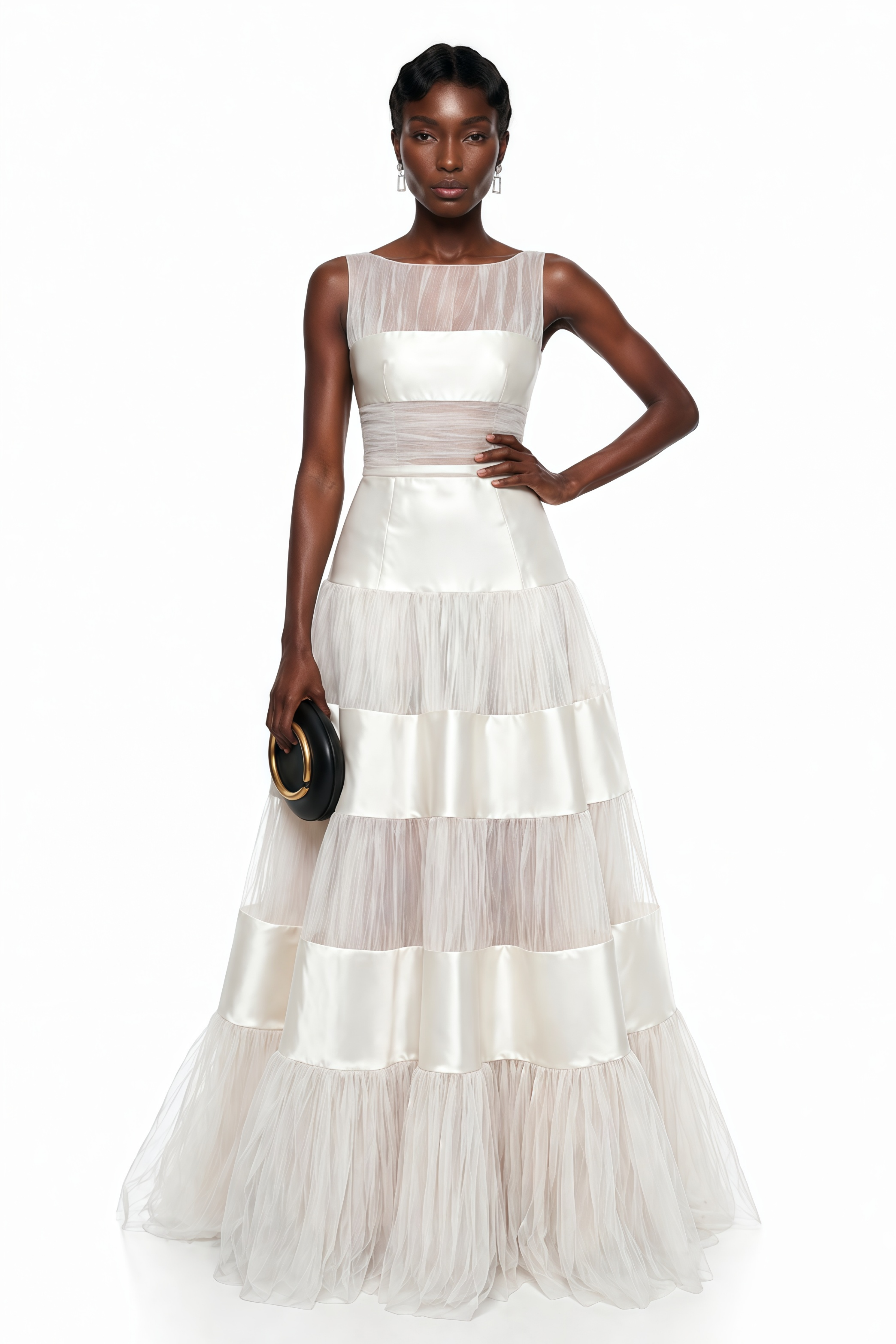 White tiered gown with alternating satin and pleated tulle bands