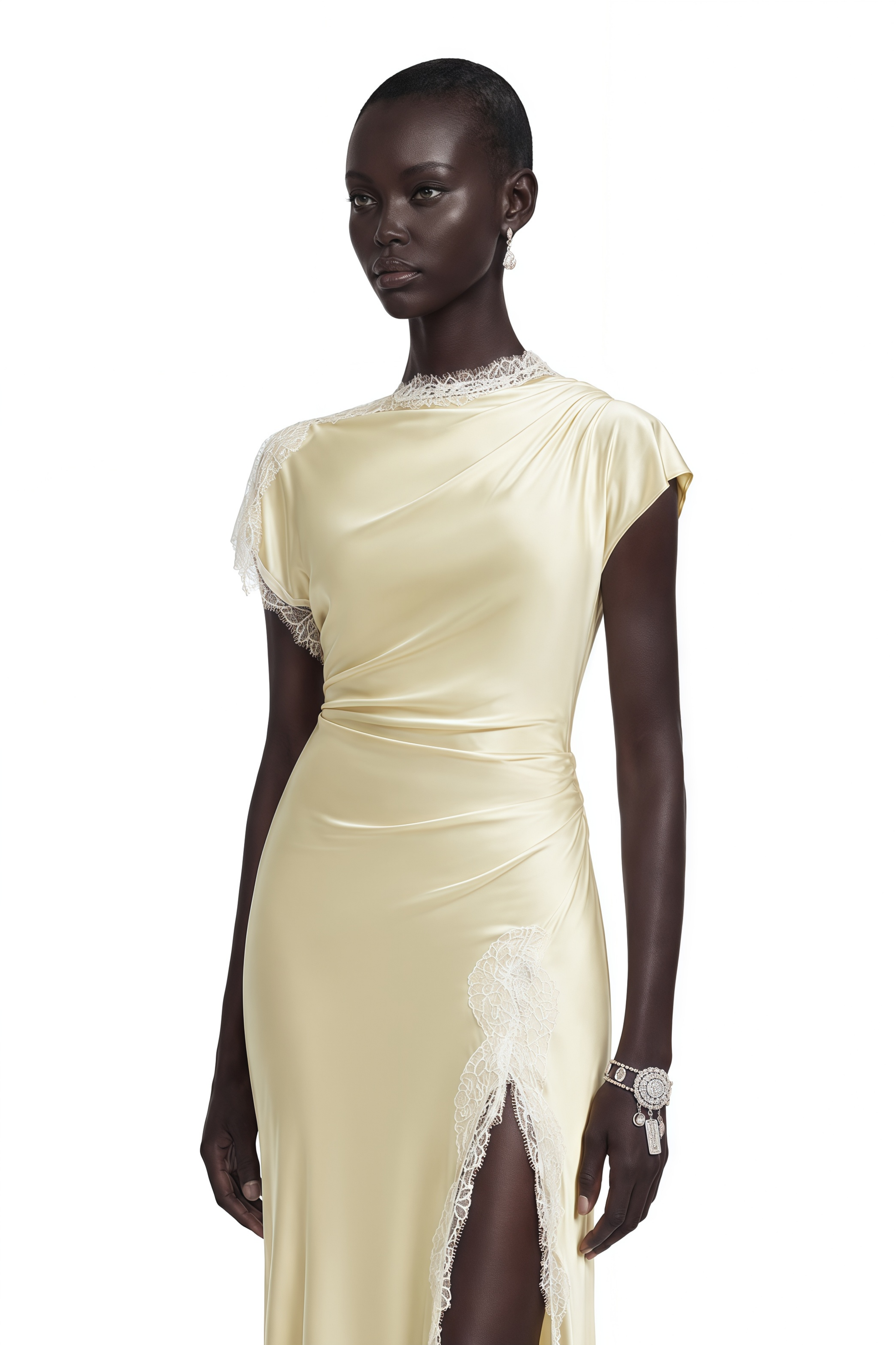Elowen Yellow Satin Maxi Dress with Lace Trim and Slit
