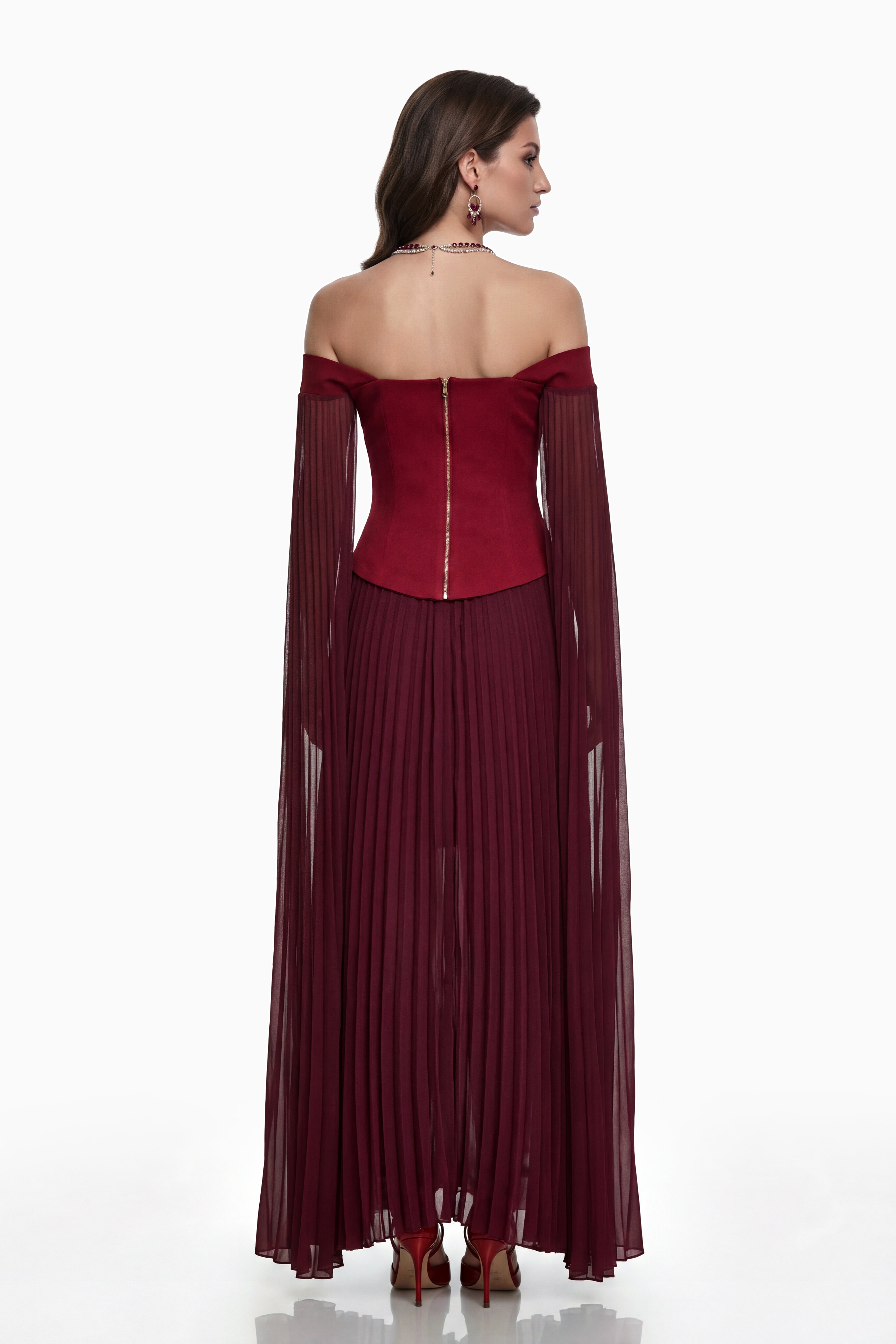 Elowenna Red Off Shoulder Top & Pleated Skirt Set (Final Sale)