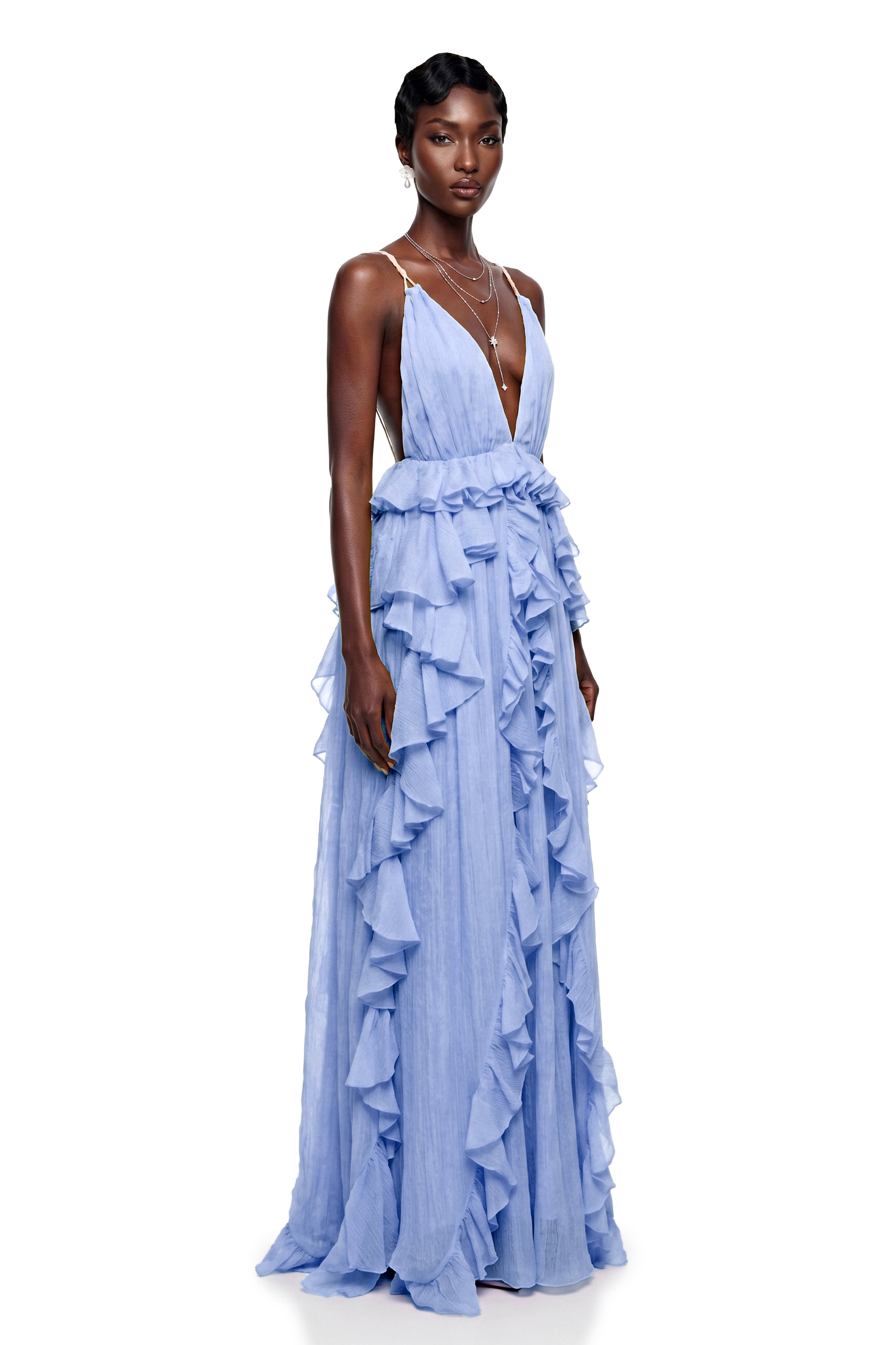 Light blue maxi dress with a plunging V-neckline and tiered vertical ruffles