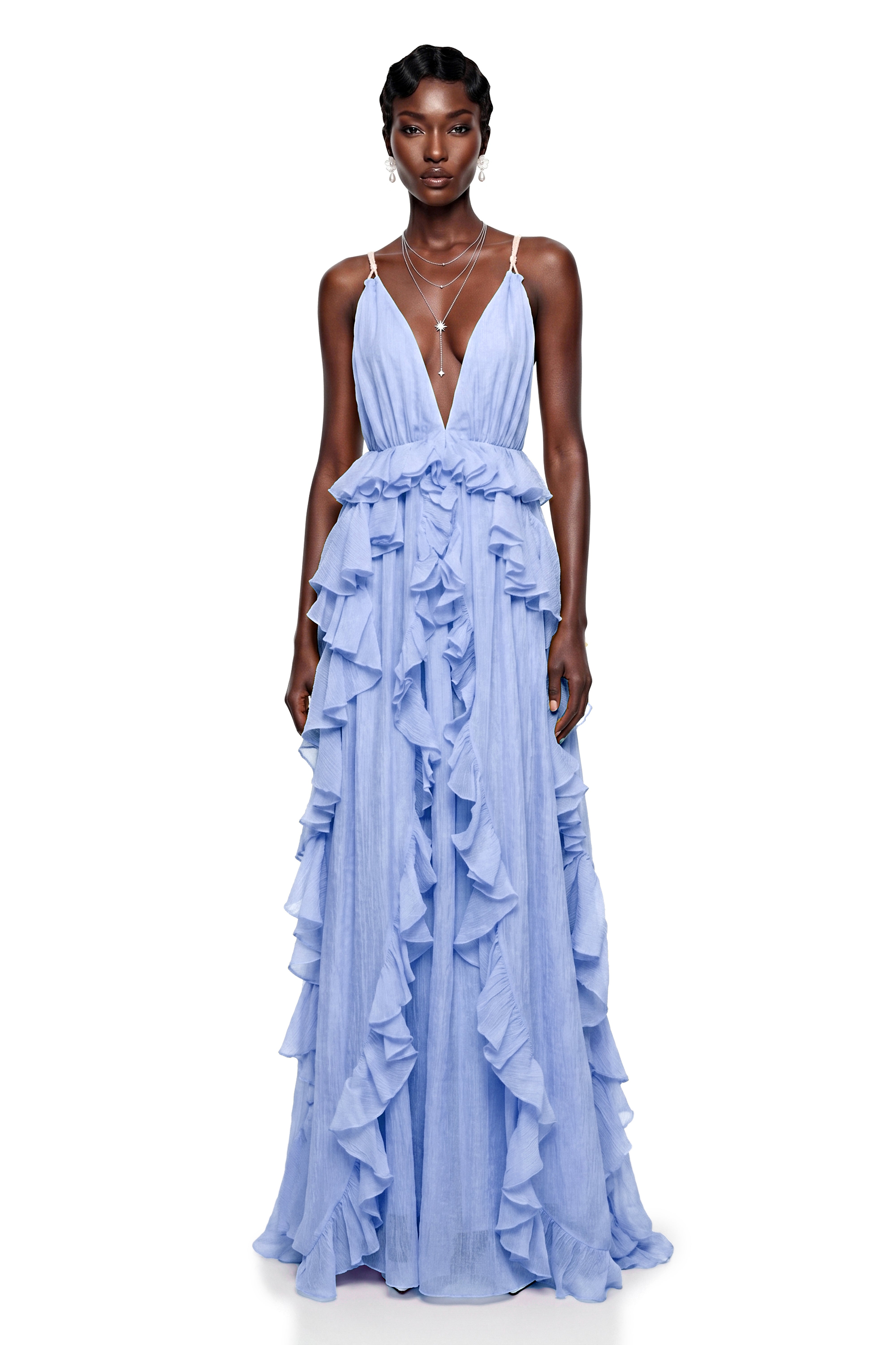 Light blue maxi dress with a plunging V-neckline and tiered vertical ruffles