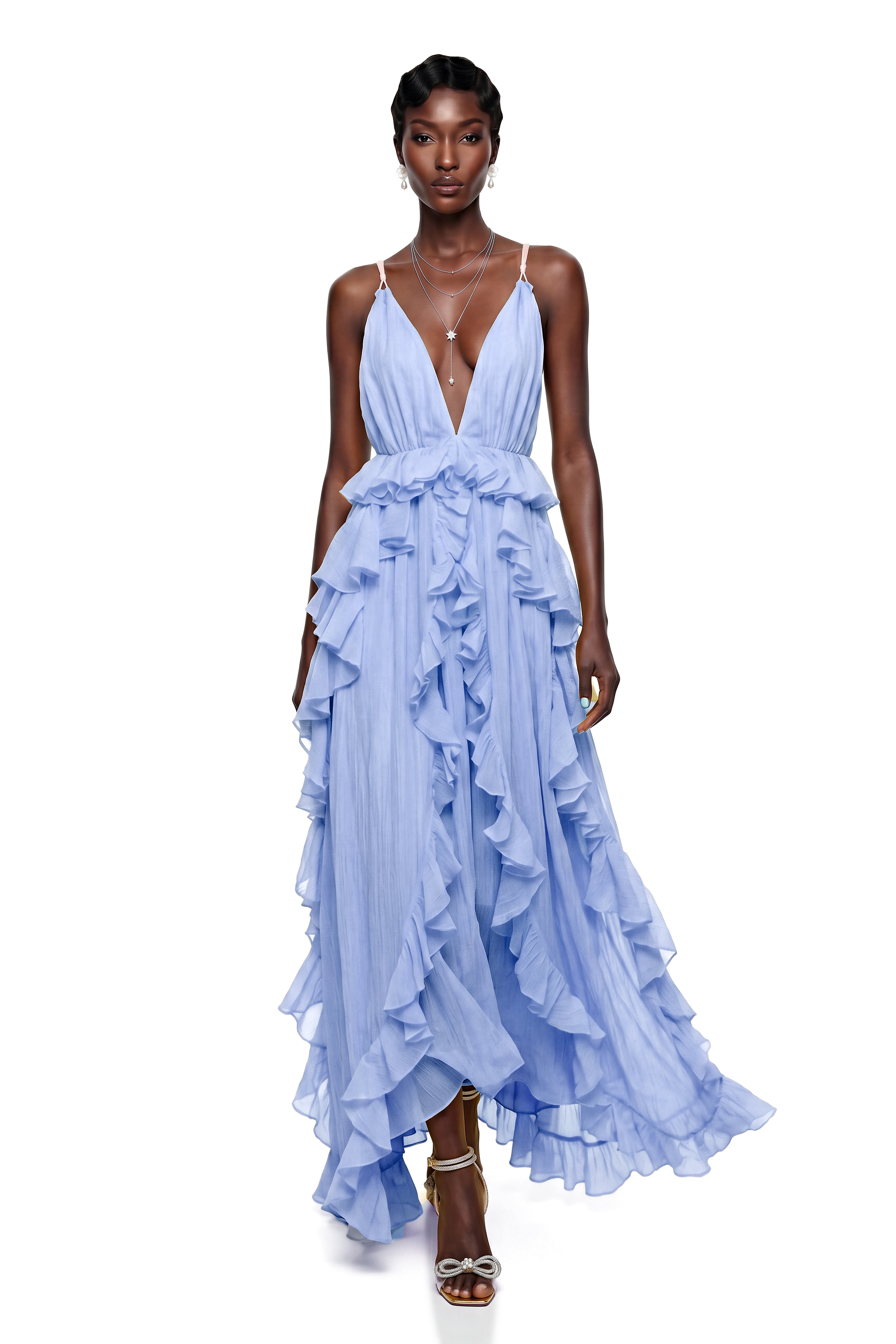 Light blue maxi dress with a plunging V-neckline and tiered vertical ruffles