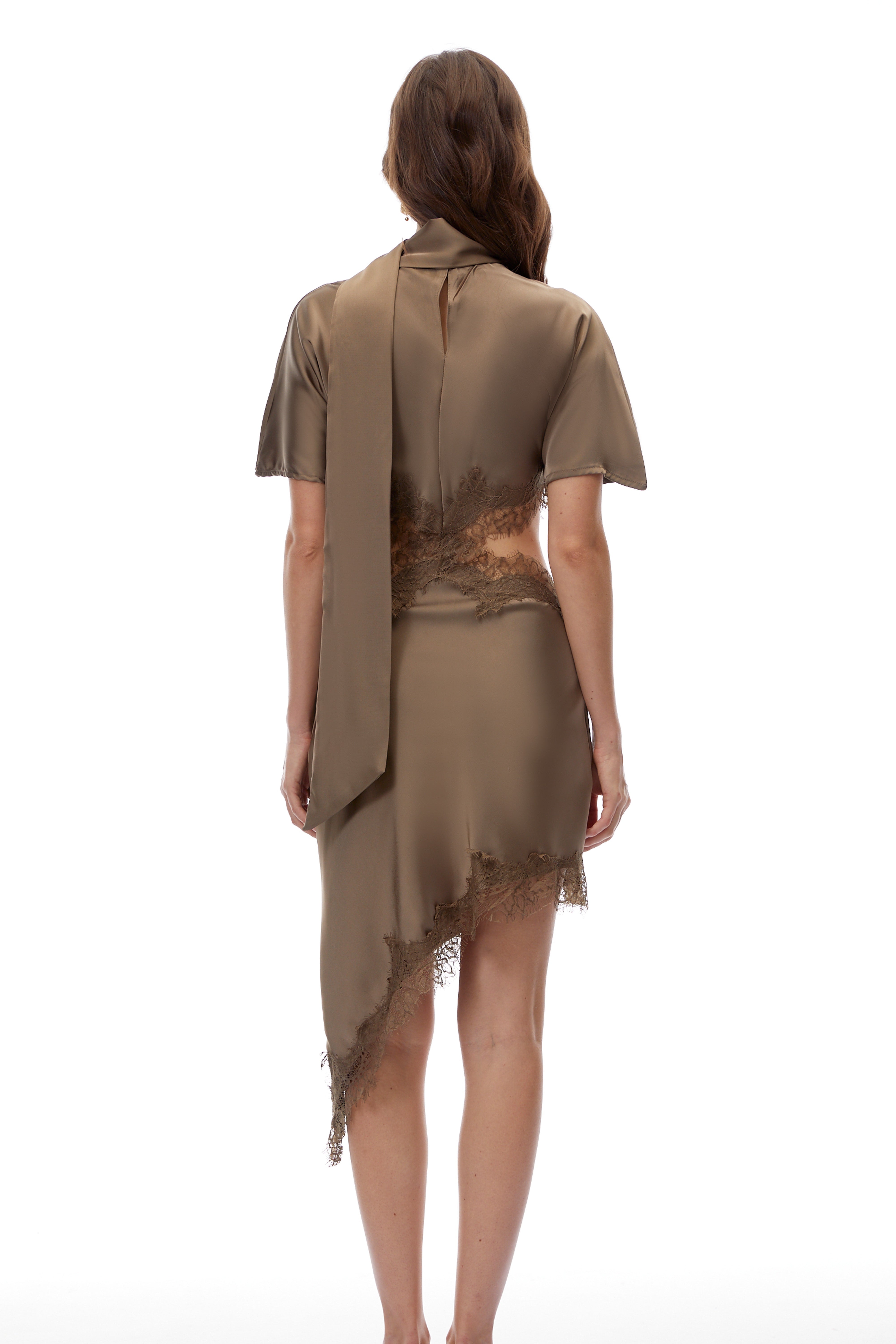 Ema Green Asymmetrical Mini Dress with Lace Trim