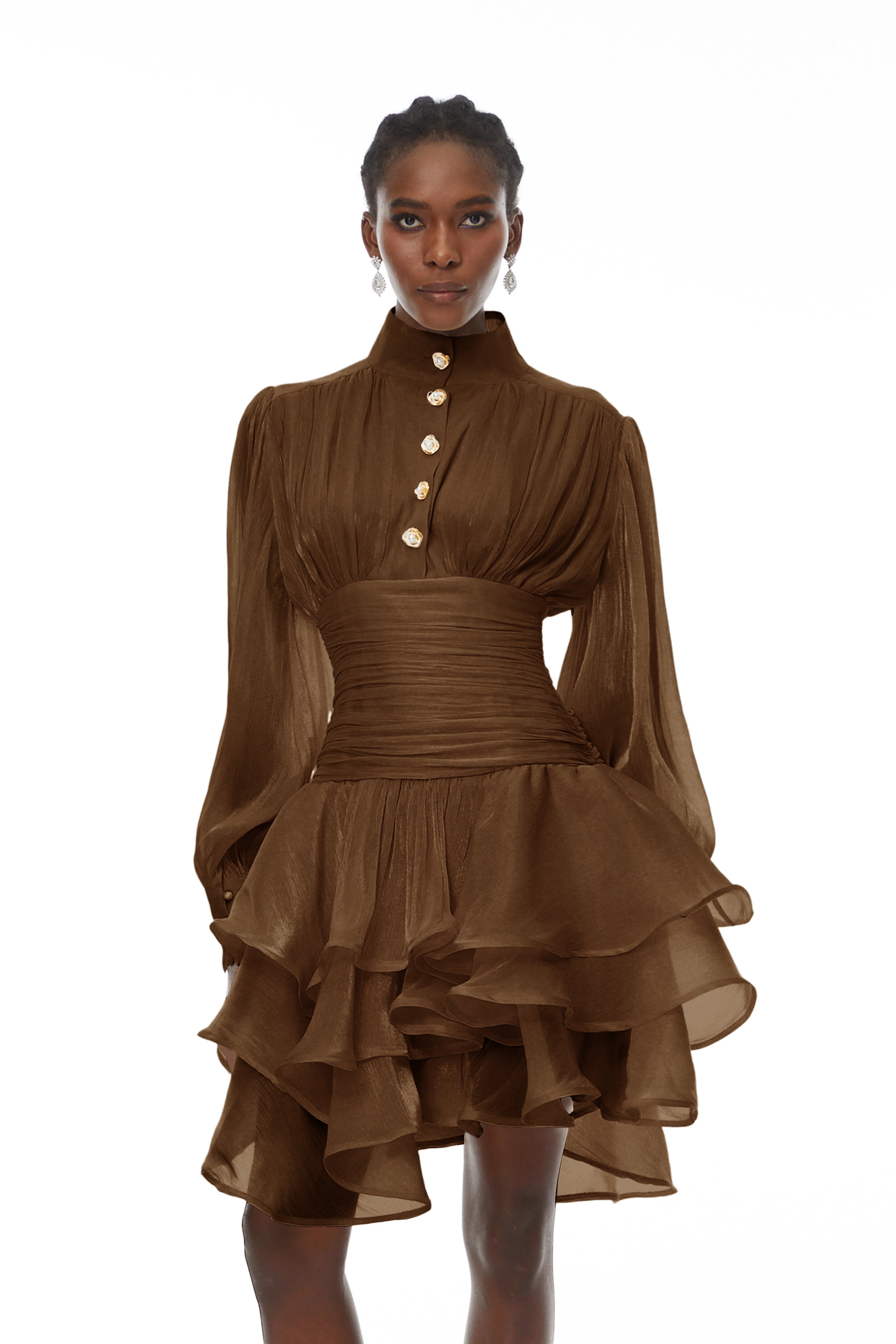 Emersyn Brown High-Neck Ruffled Detail Mini Dress (Final Sale-US Only)