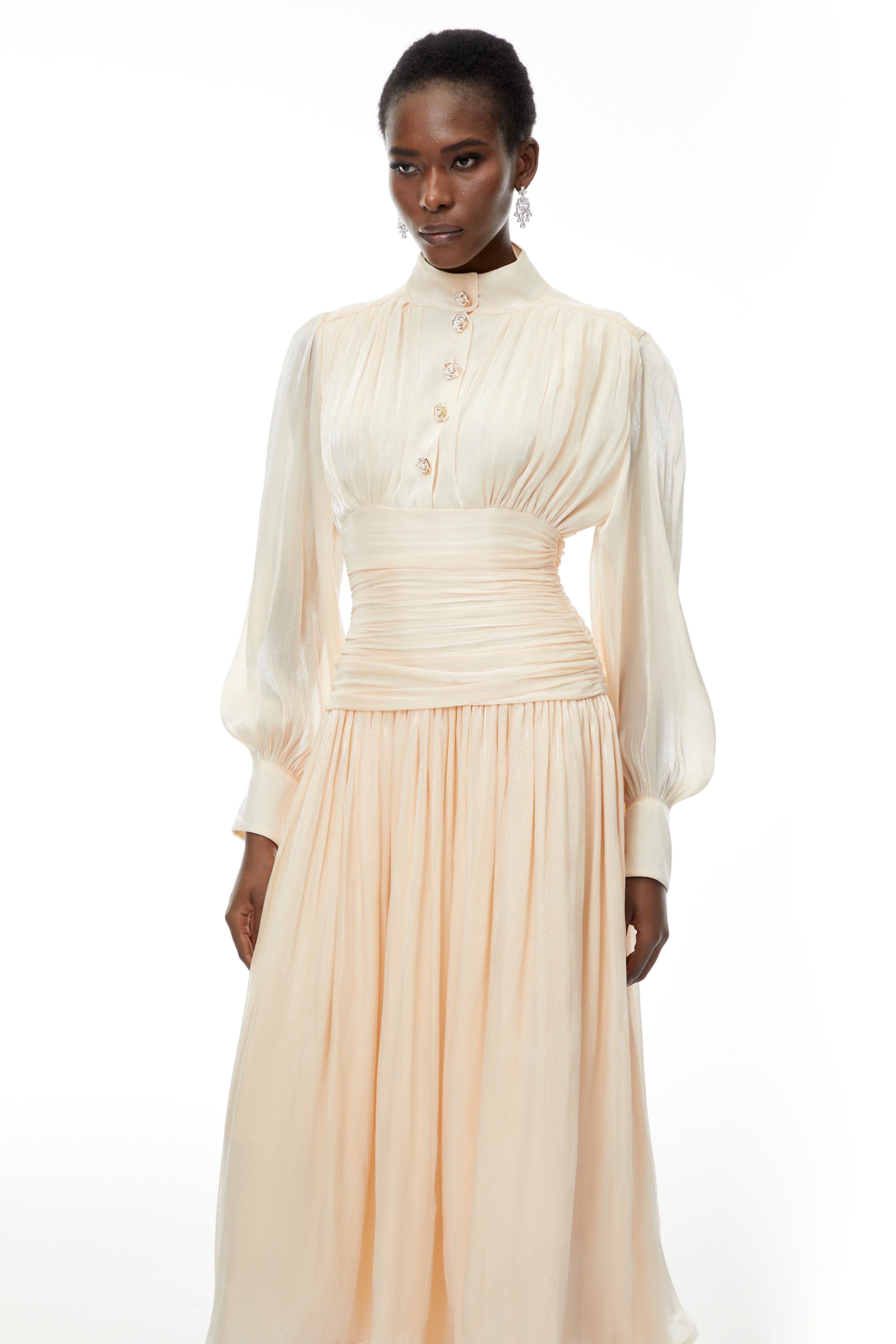 Emersyn Neutrals High-Neck Ruffled Detail Maxi Dress
