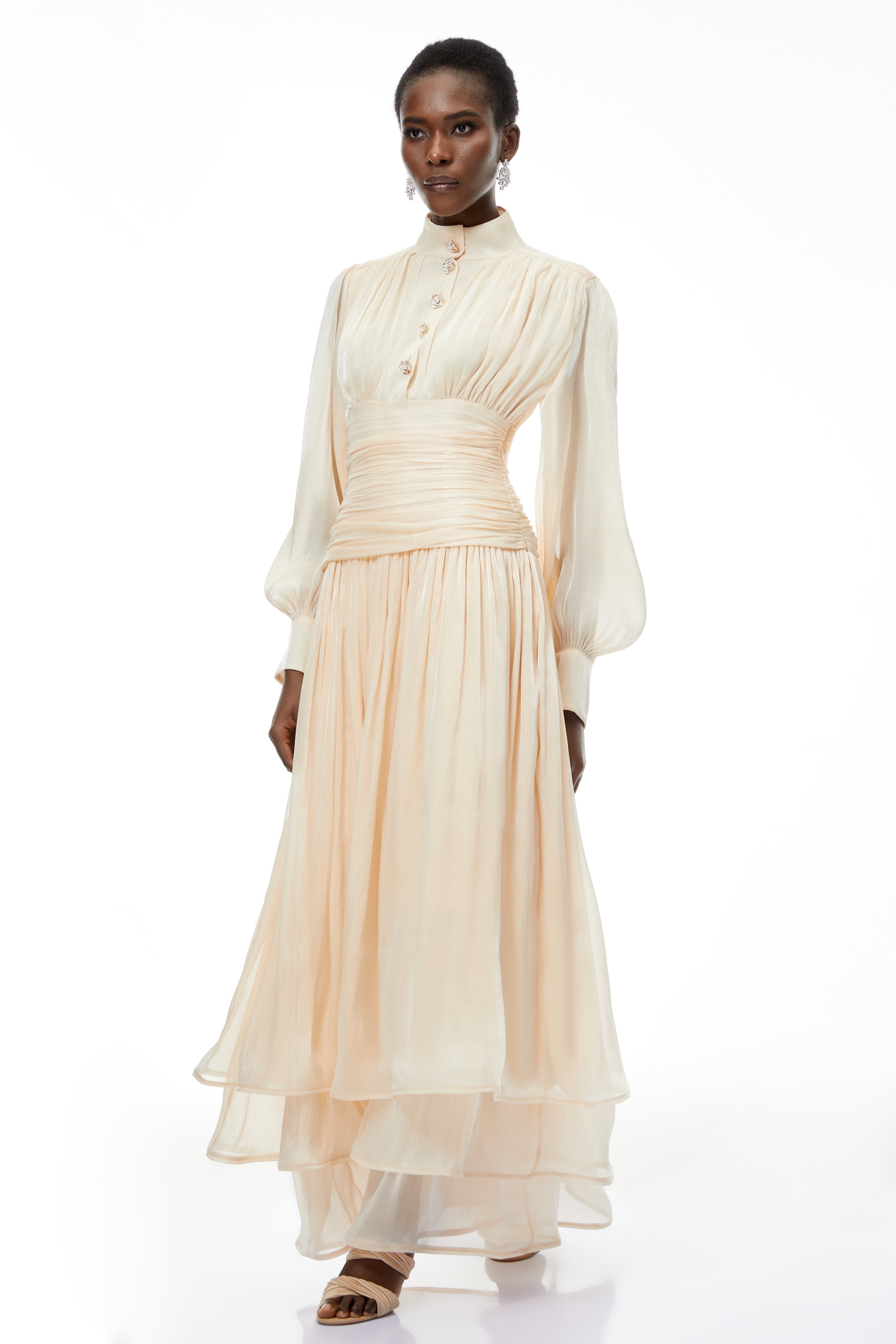 Emersyn Neutrals High-Neck Ruffled Detail Maxi Dress