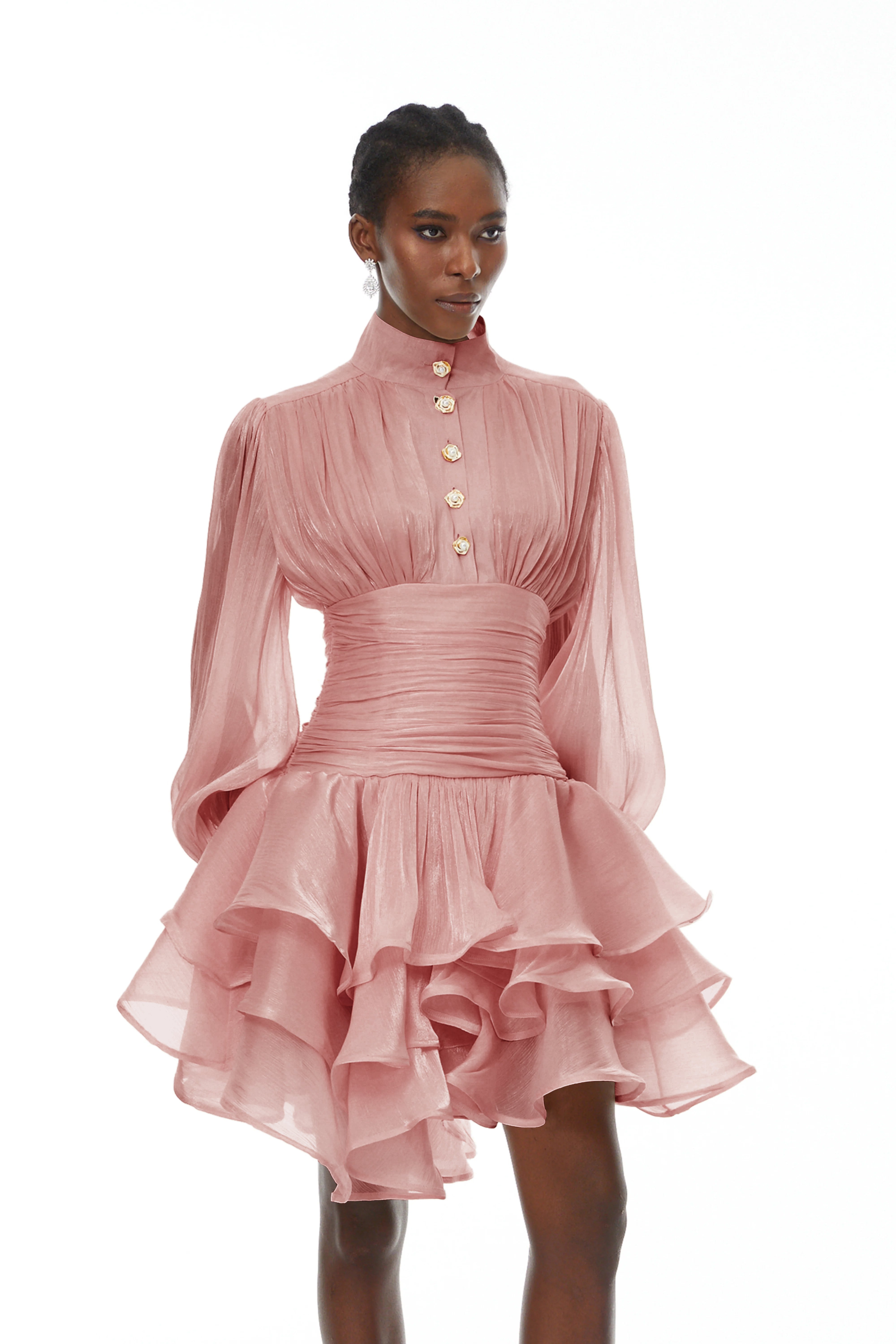 Mini-robe rose à col montant et volants