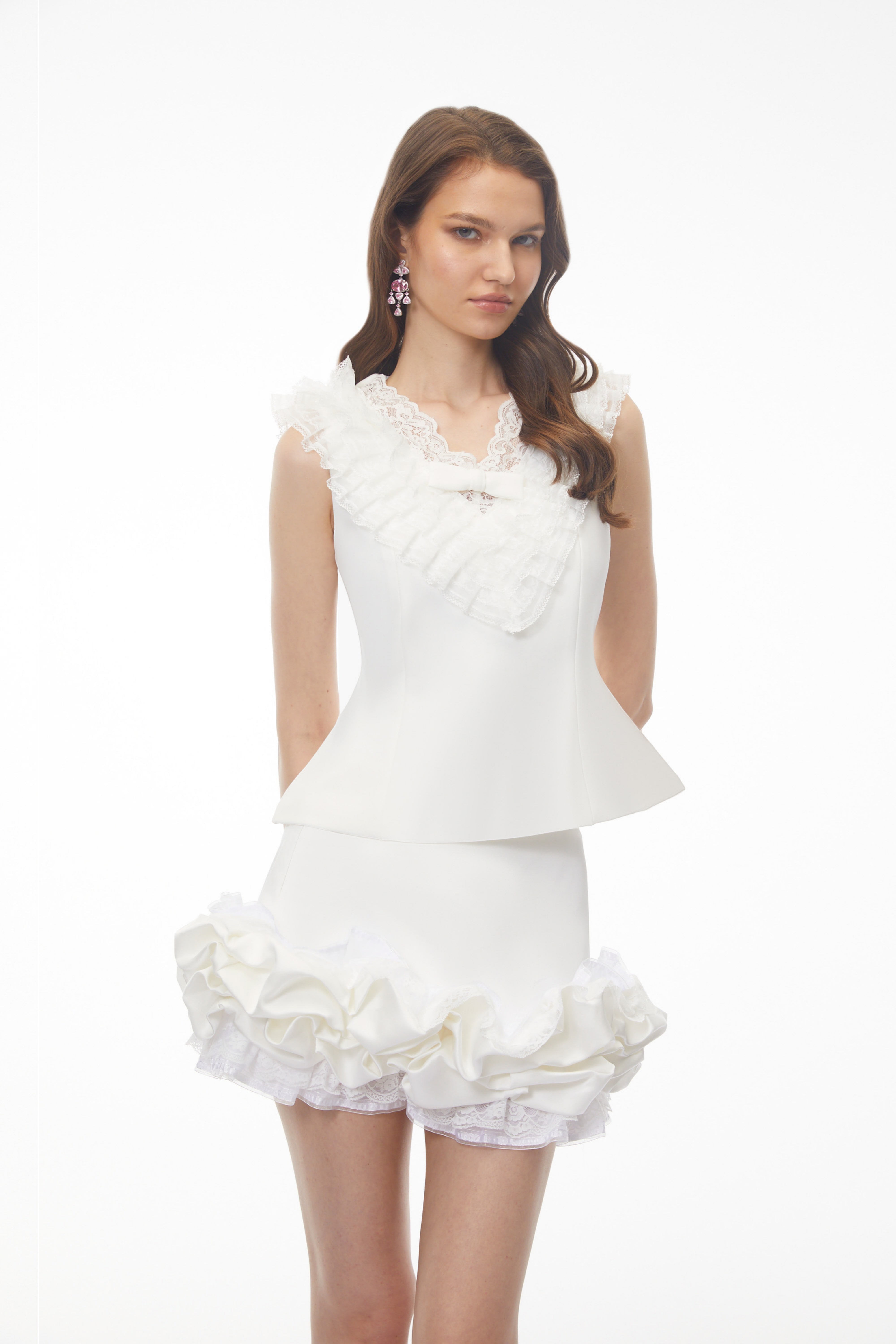 Emmeline White V-Neck Top & Ruffled Skirt Set (Final Sale)