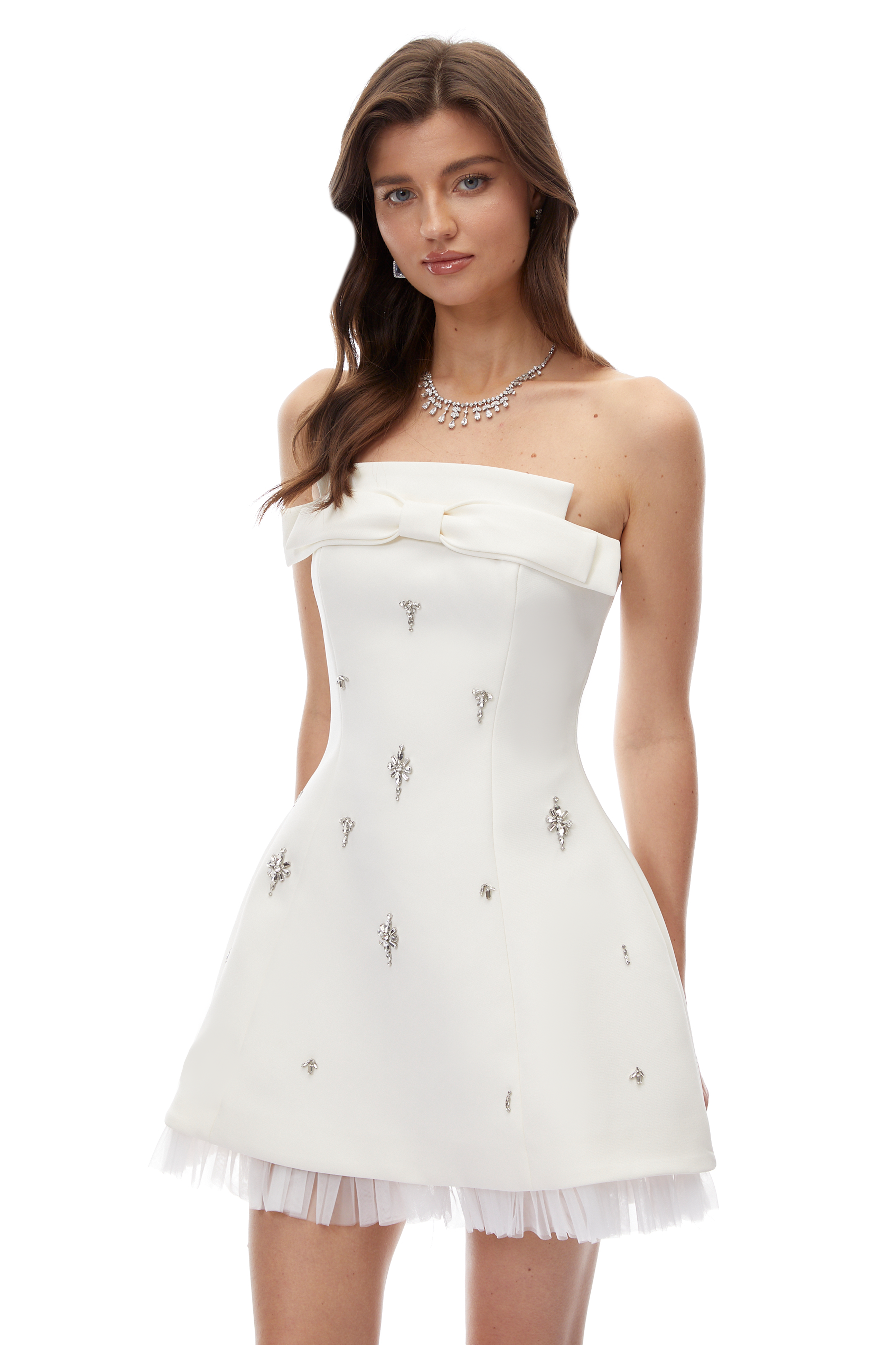 Enid White Strapless Rhinestone Mini Dress with Bow