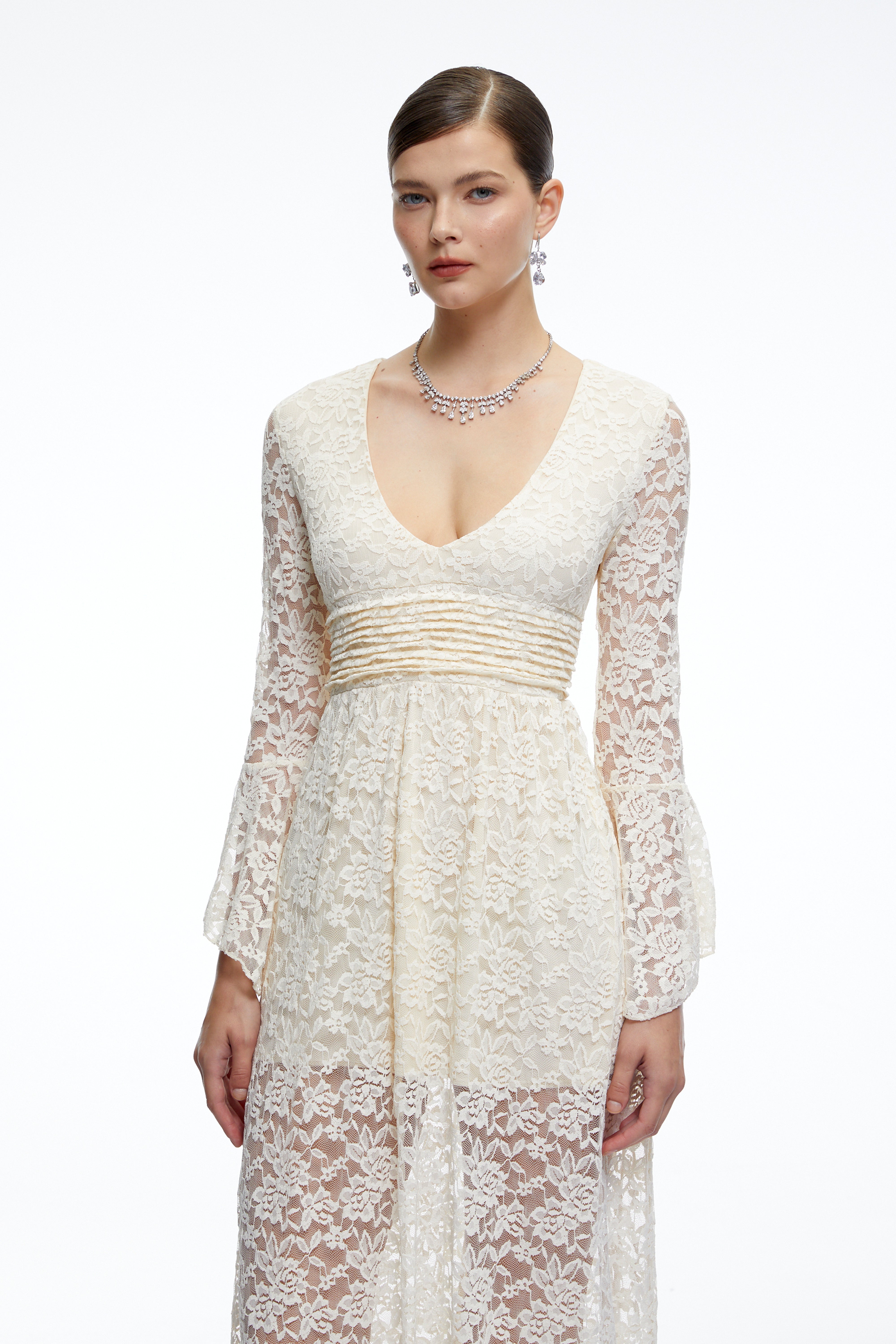 Esme Neutral Long Bell Sleeves Lace Maxi Dress