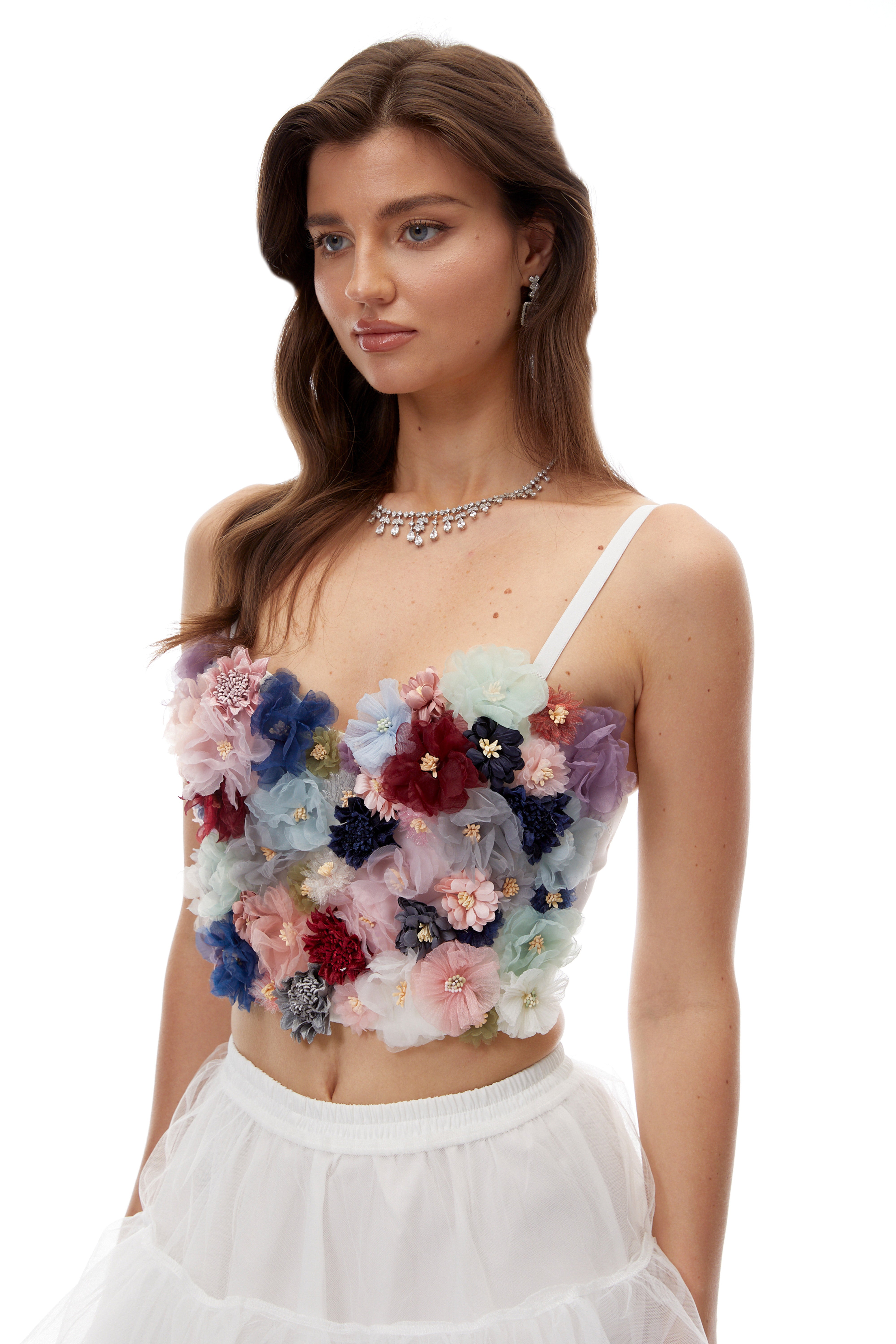 Estrella White Bustier Top with 3D Florals