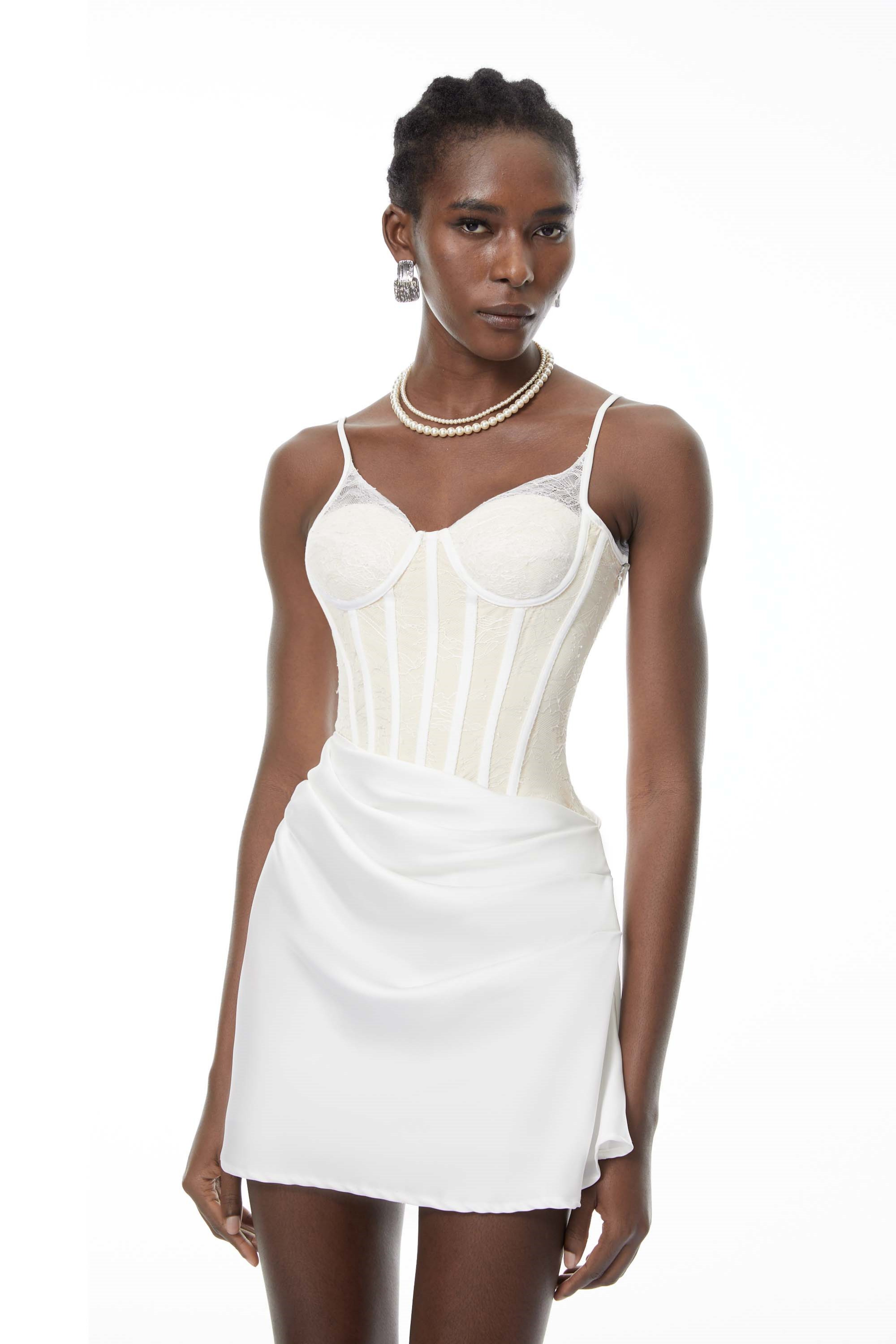 Eufrosina White Bodycon Mini Dress with Lace Panels (Final Sale)