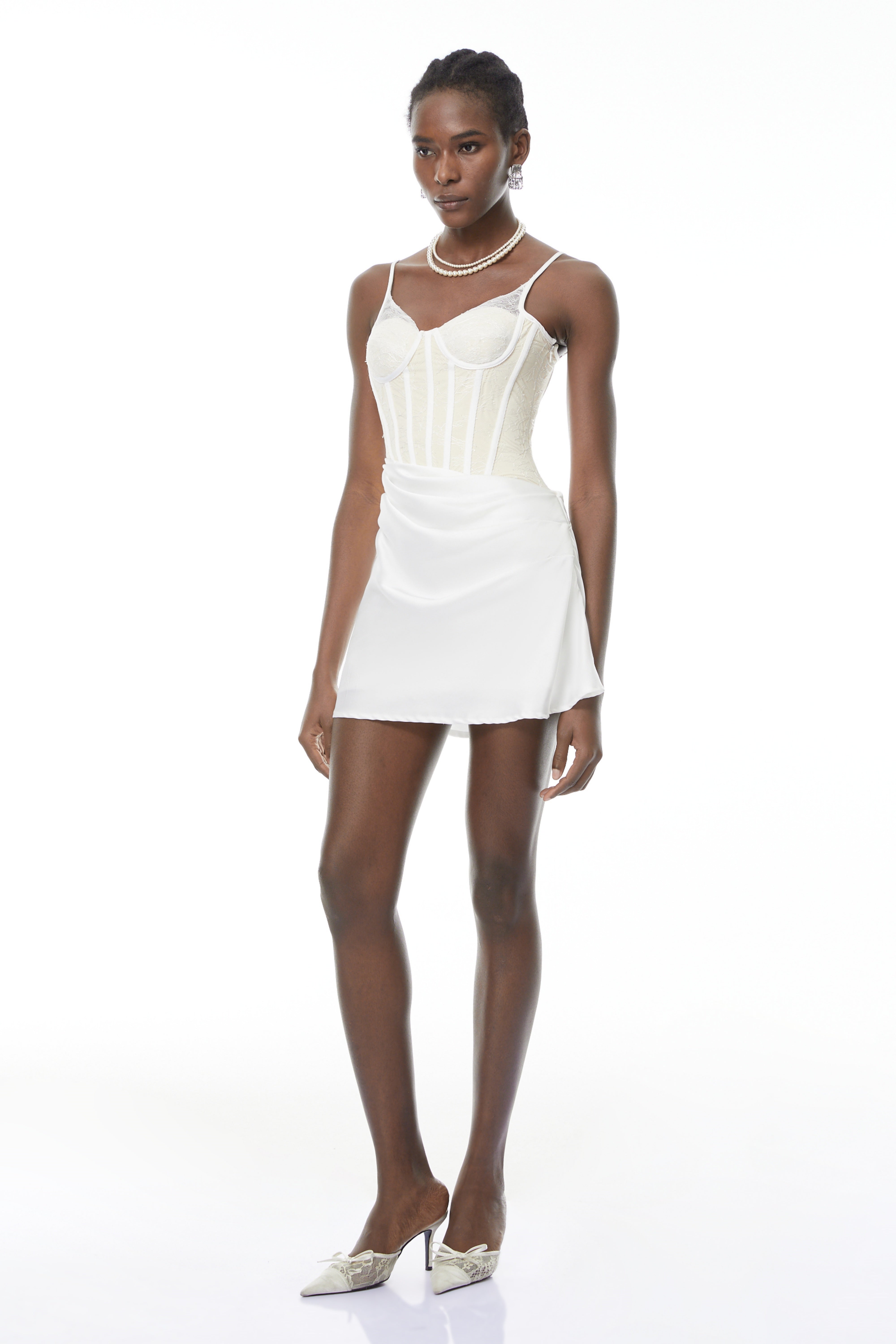 Eufrosina White Bodycon Mini Dress with Lace Panels (Final Sale)