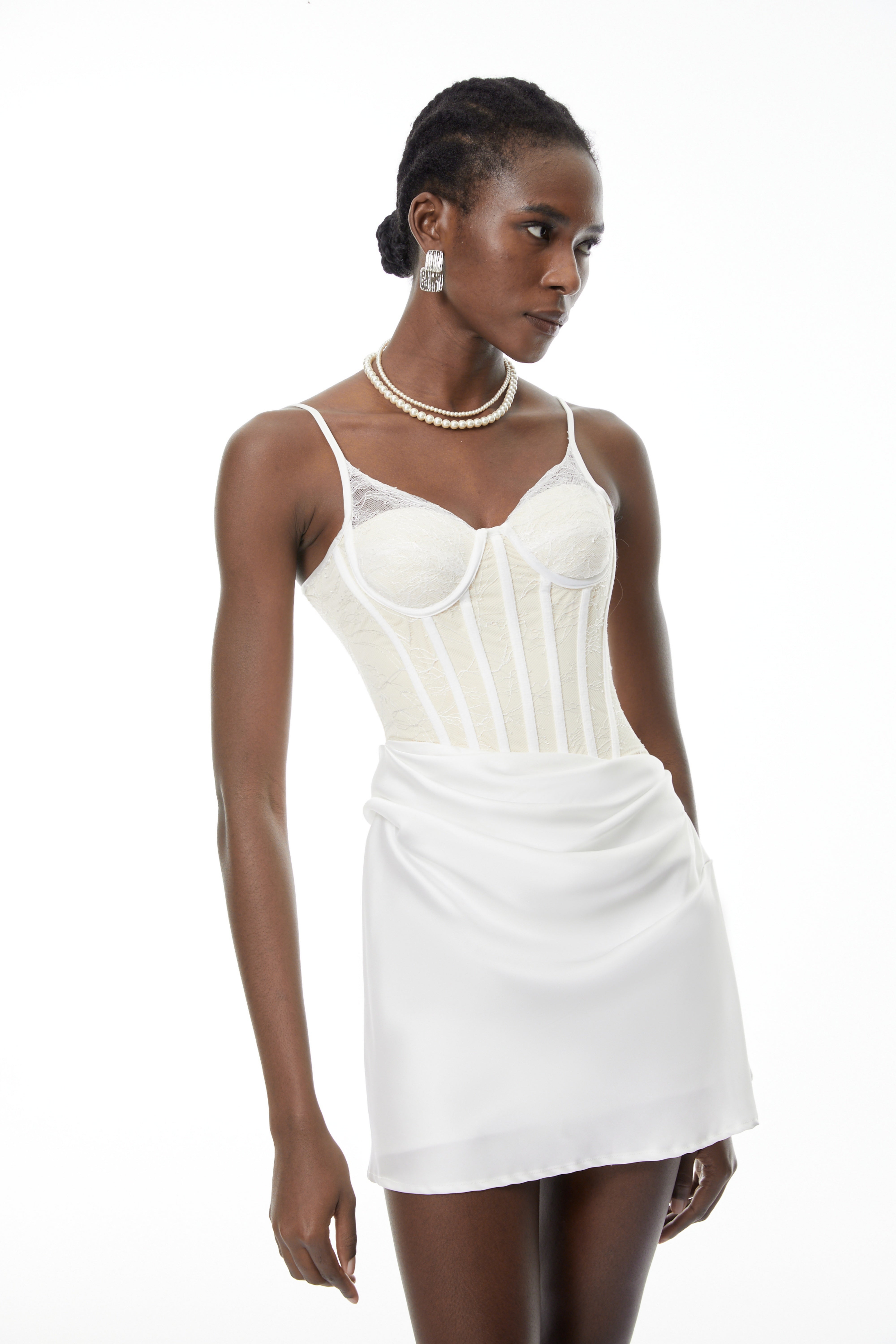 Eufrosina White Bodycon Mini Dress with Lace Panels (Final Sale)