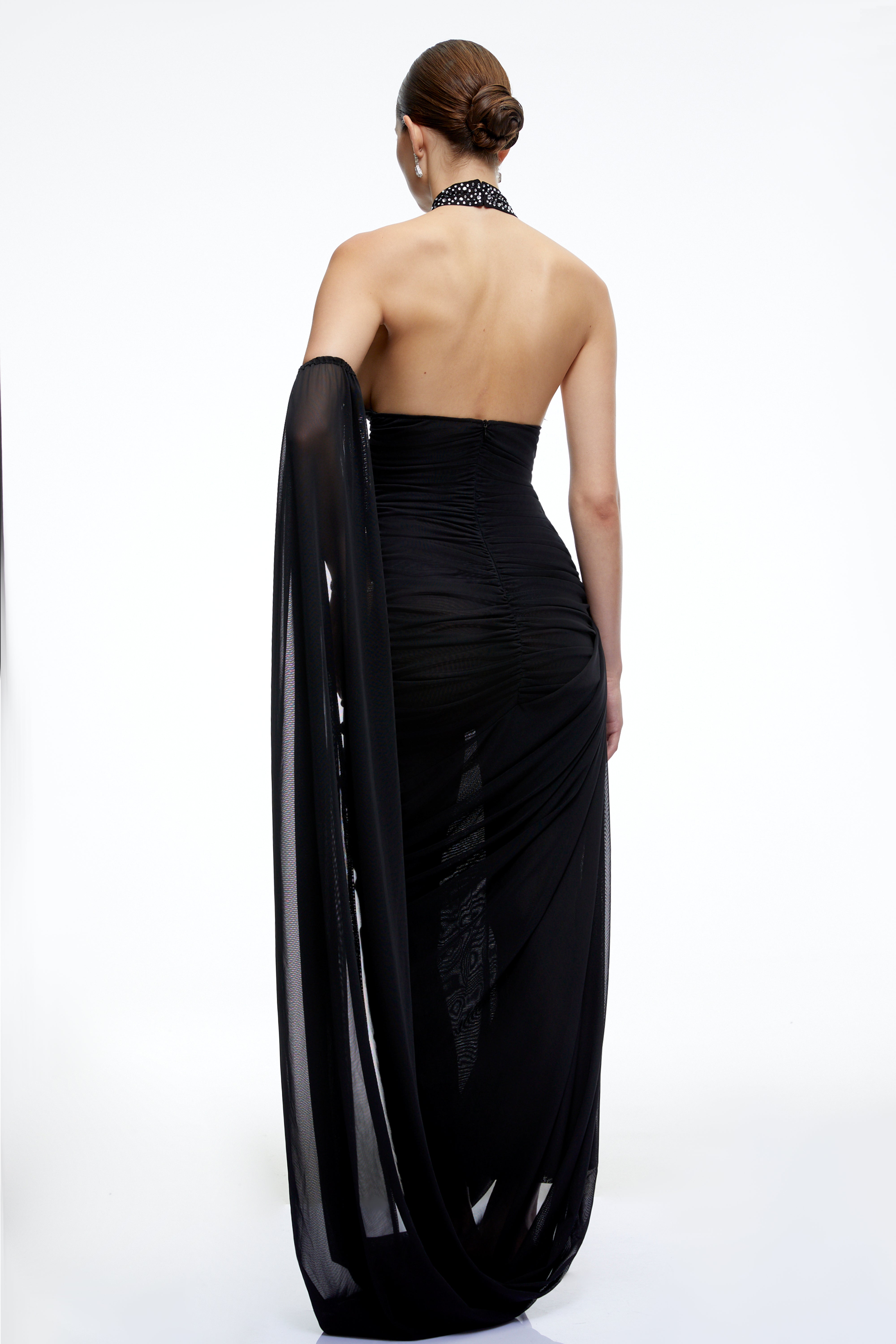 Eulalie Black Halterneck Ruched Maxi Dress with 3D Florals