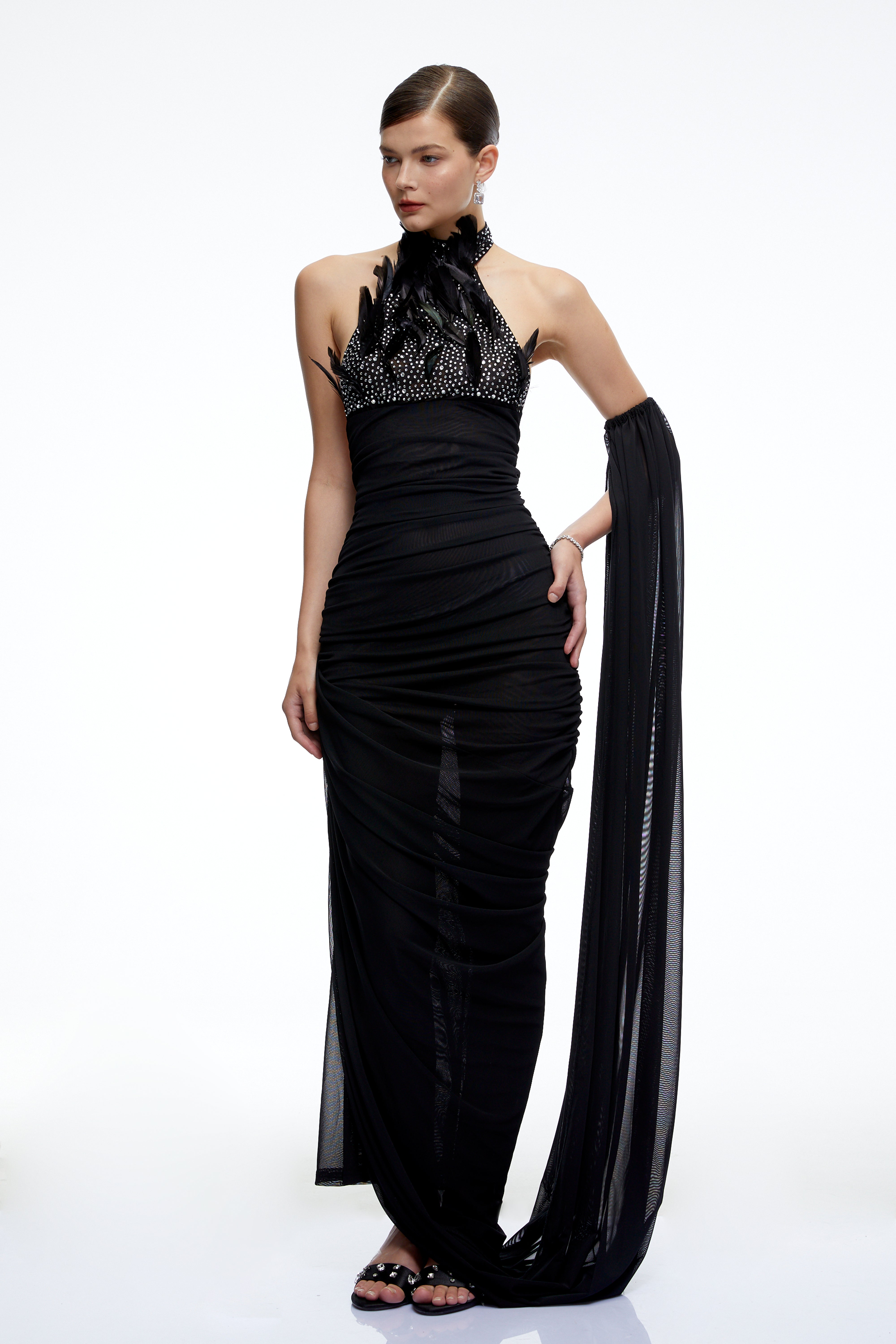Eulalie Black Halterneck Ruched Maxi Dress with 3D Florals
