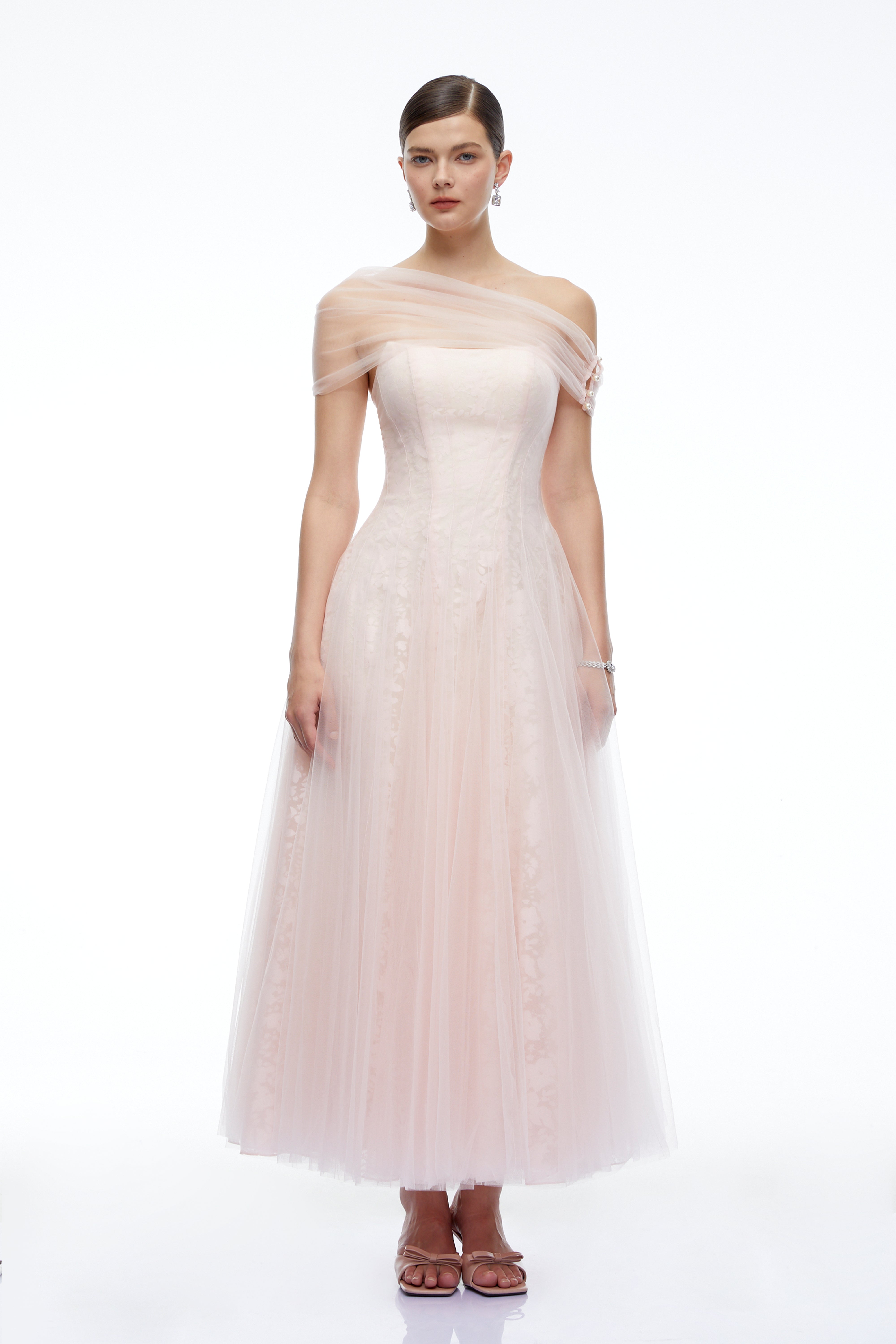 Eulalie Pink Tulle Maxi Dress With Shawl