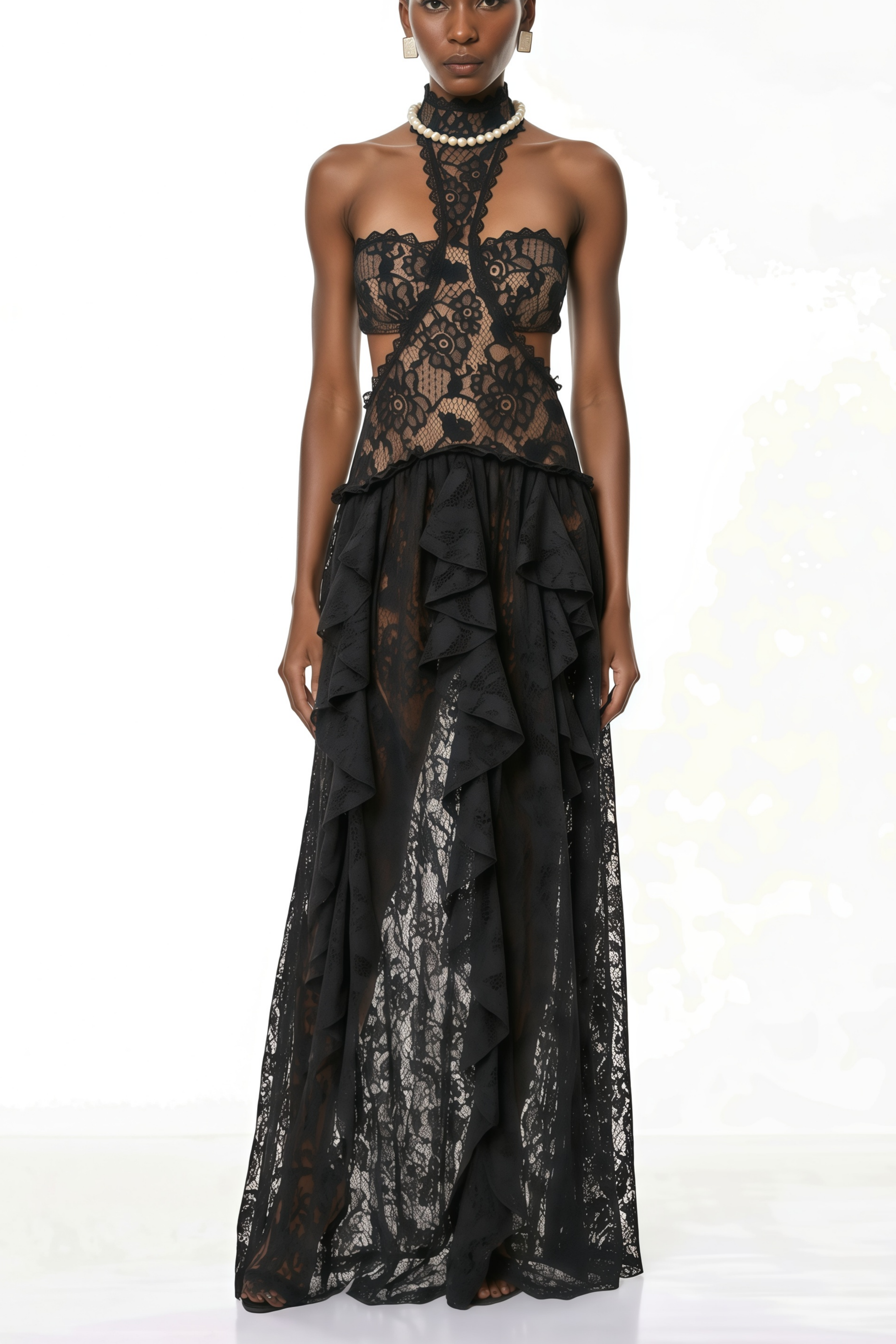Back Floral Lace Halterneck Maxi Dress