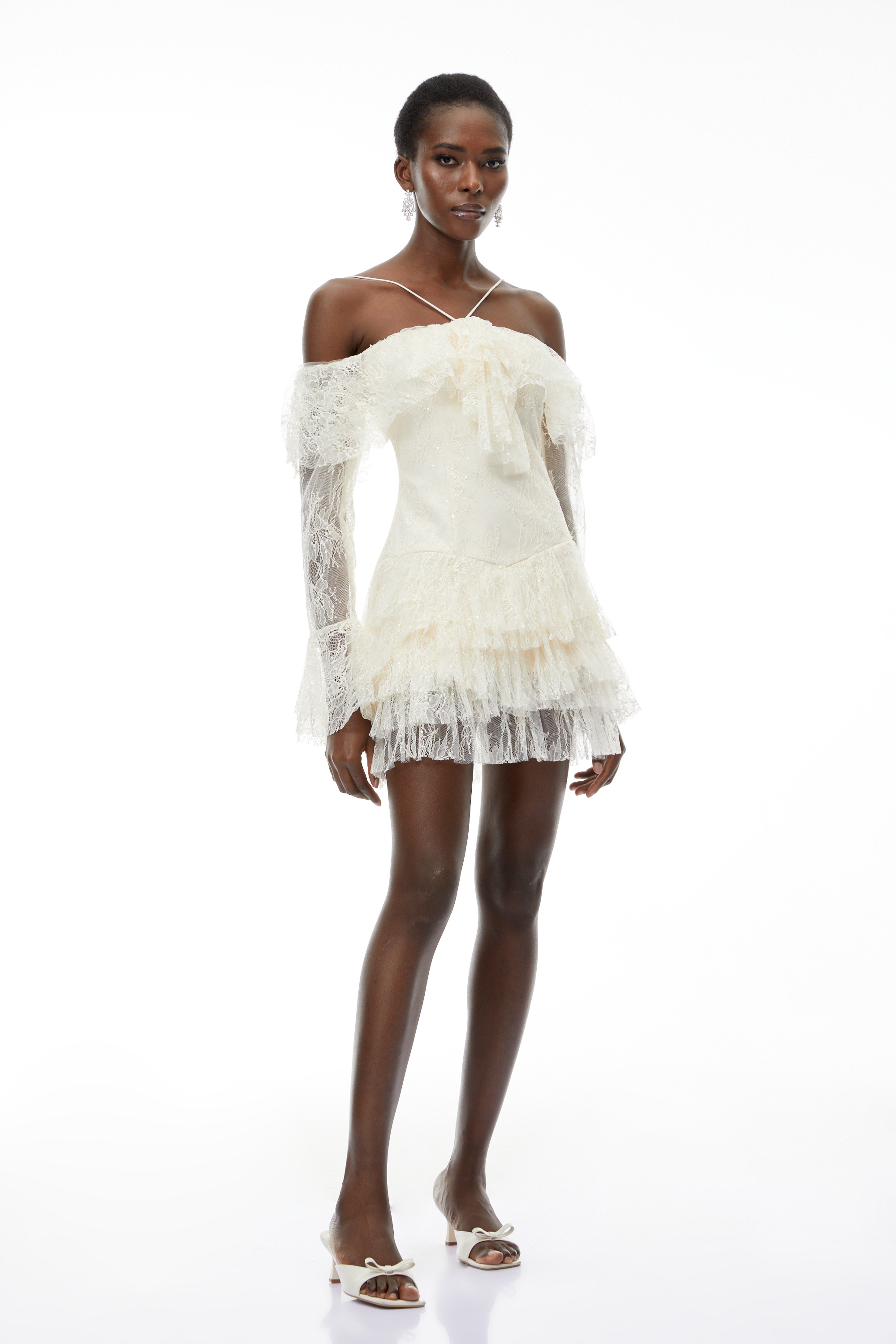 Evelyn Neutral Off Shoulder Tiered Mini Dress
