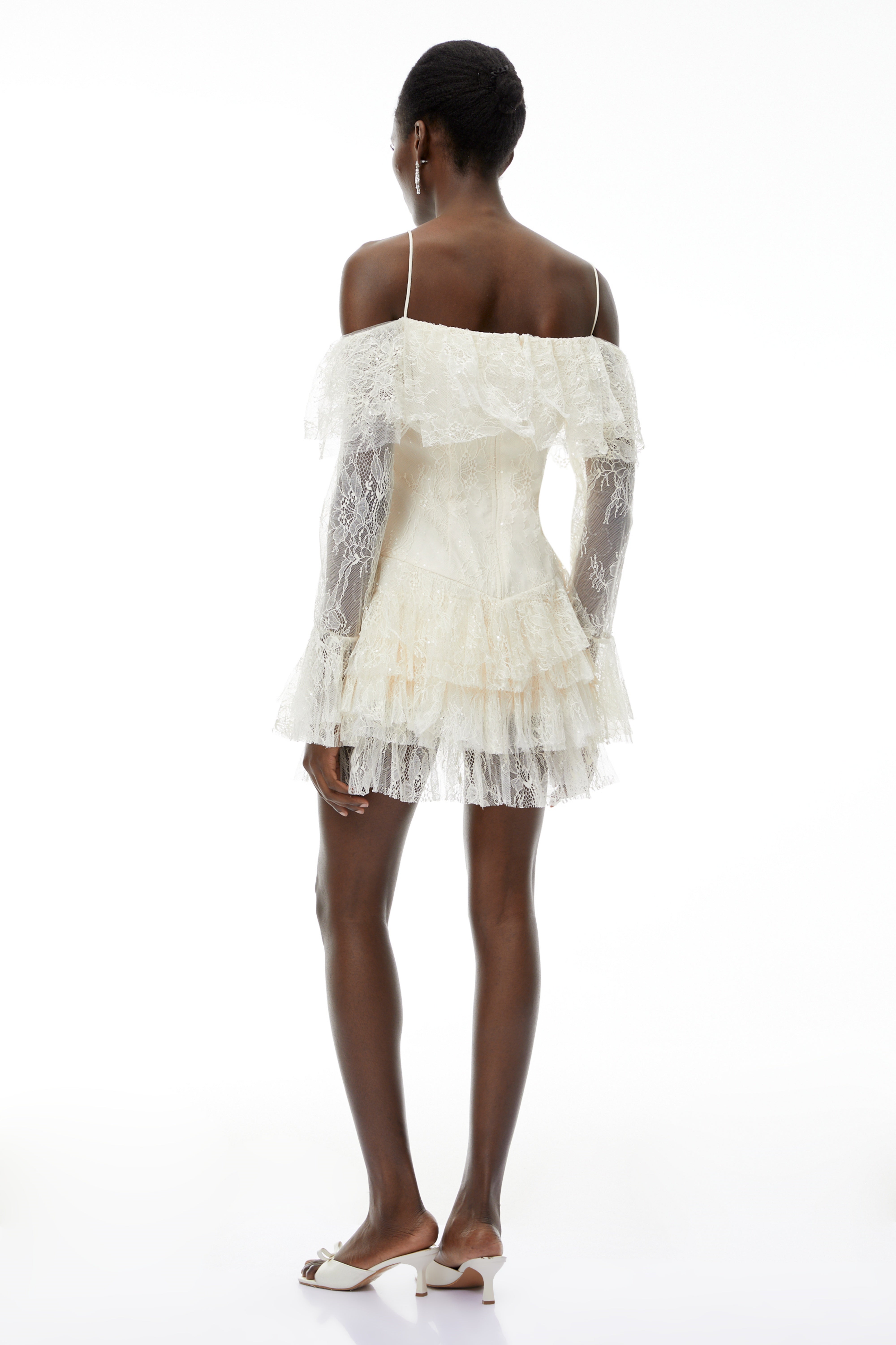 Evelyn Neutral Off Shoulder Tiered Mini Dress
