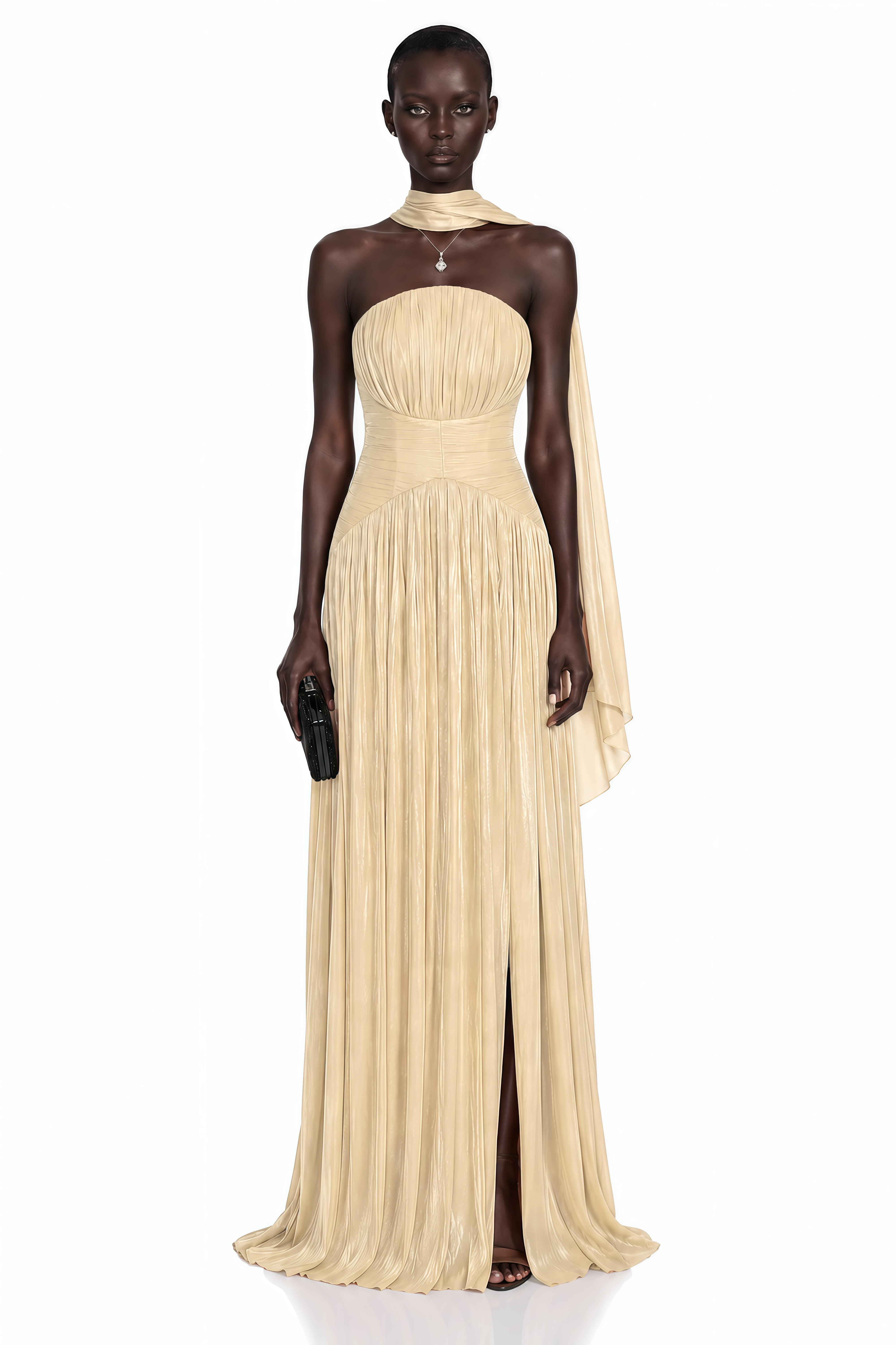 Champagne strapless pleated maxi dress with a high leg slit