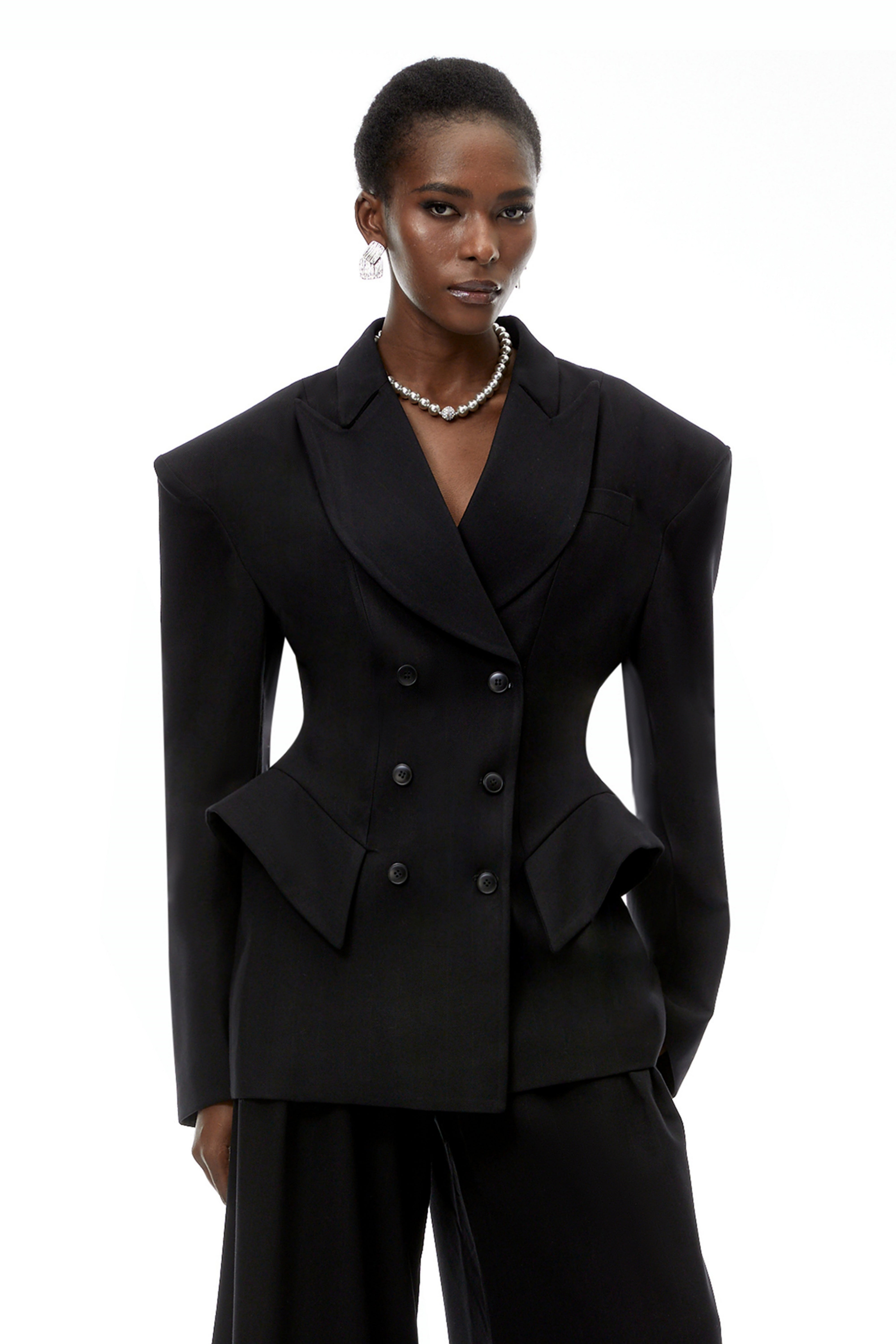 Ensemble blazer et pantalon à double boutonnage « Faith Black » (Vente définitive)