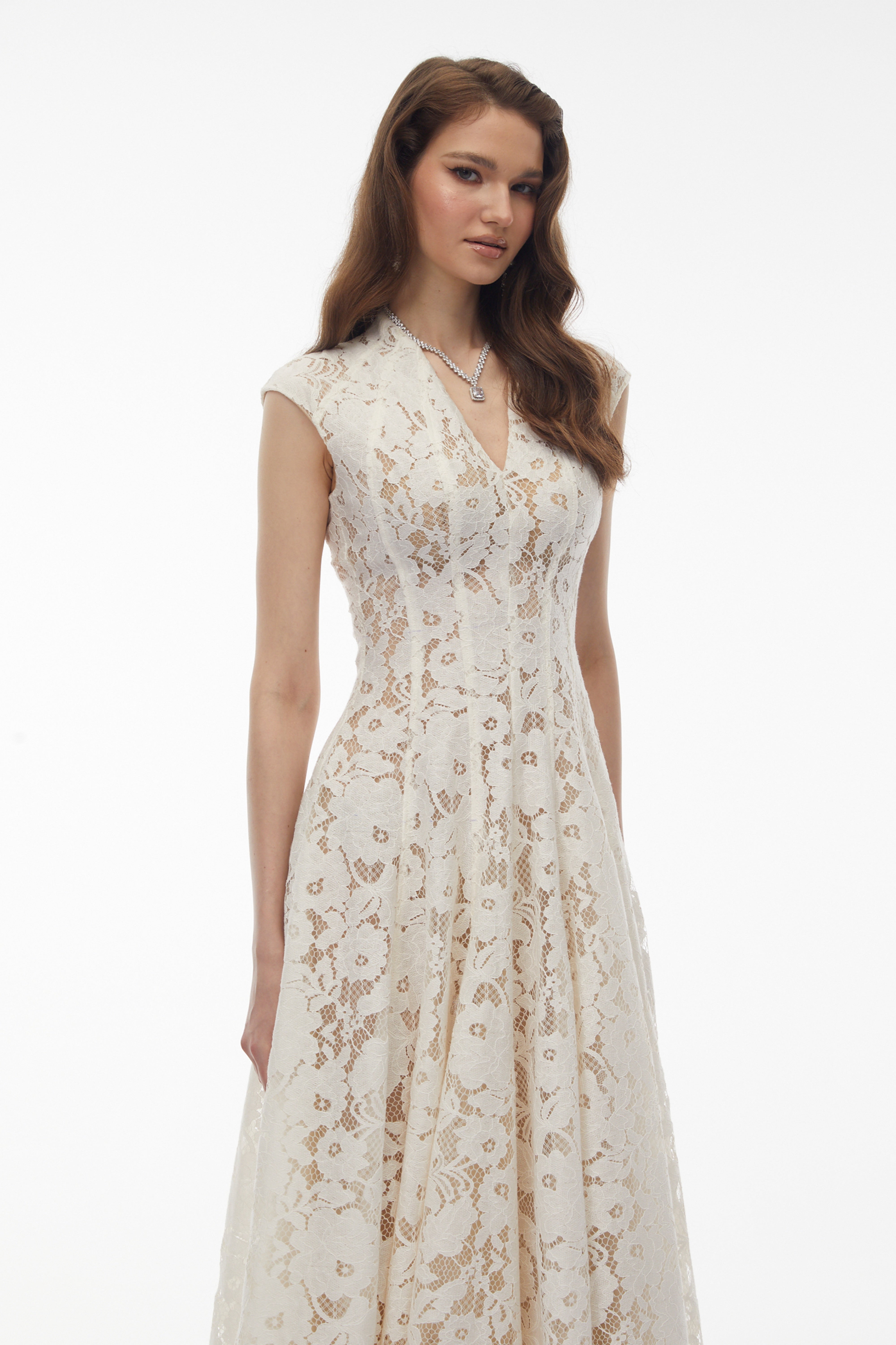 Ivory lace V-neck midi dress with cap sleeves