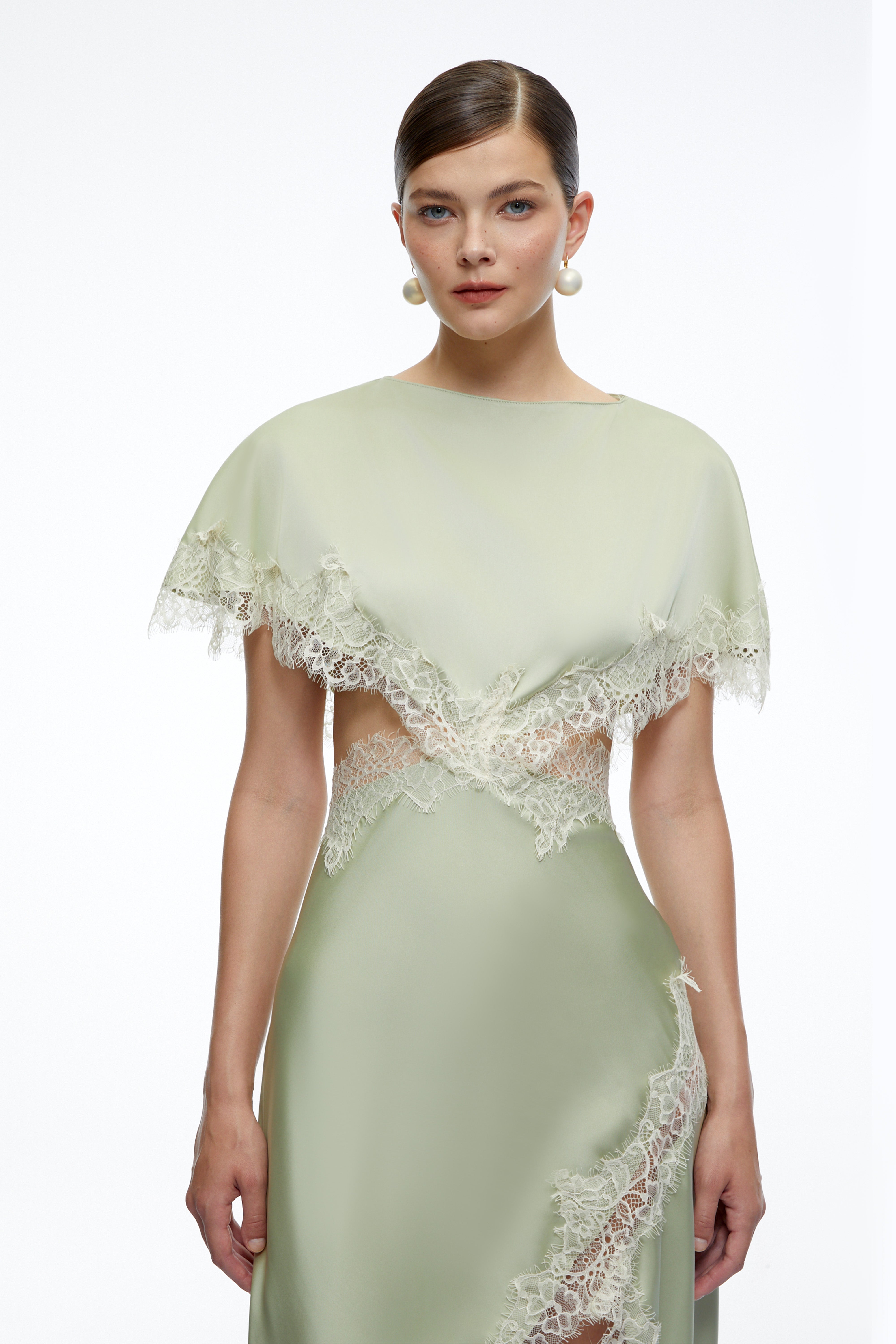 Faye Green Asymmetrical Midi Dress With Lace Trim