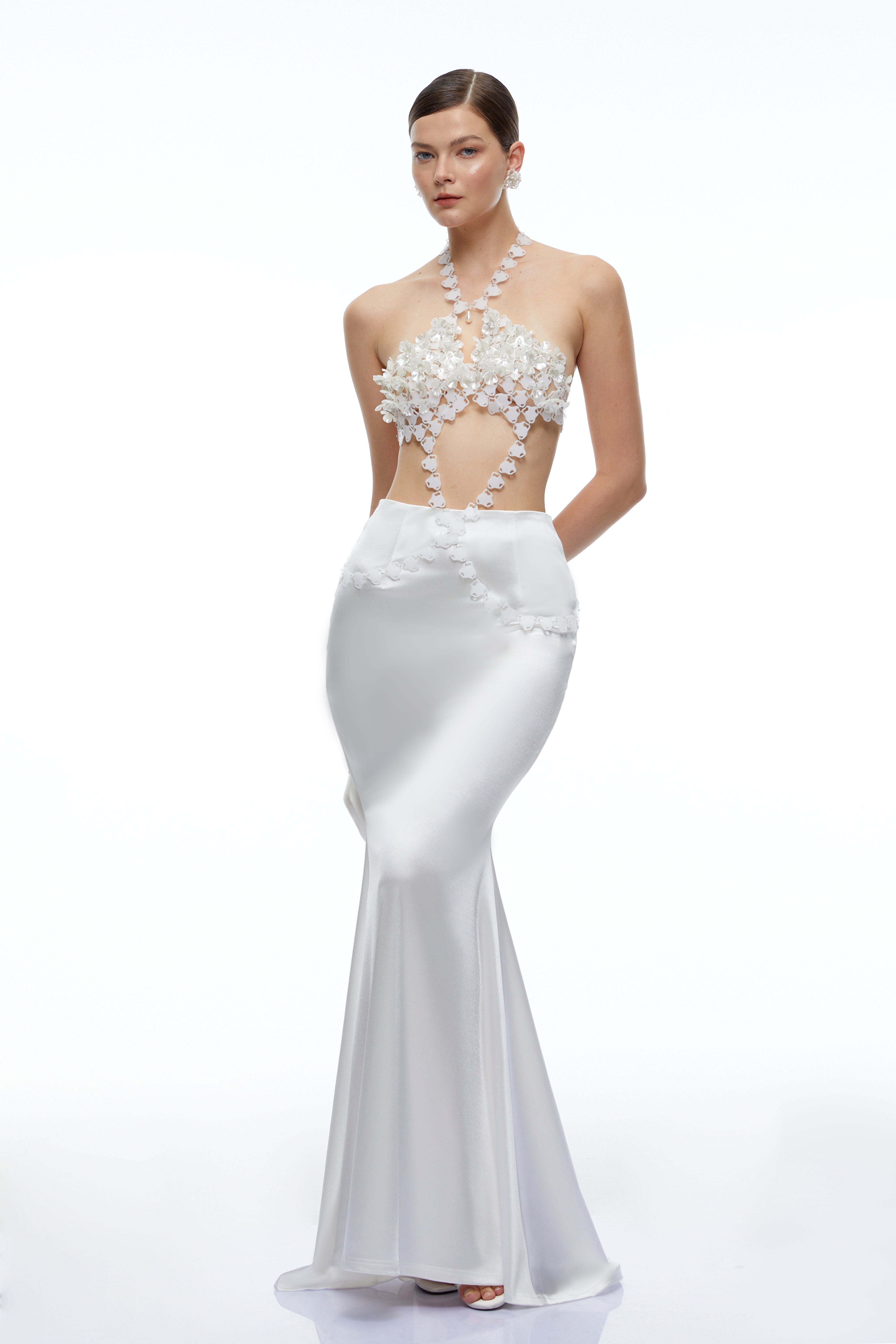 Faye White Halterneck Top & Skirt Set with Floral Applique