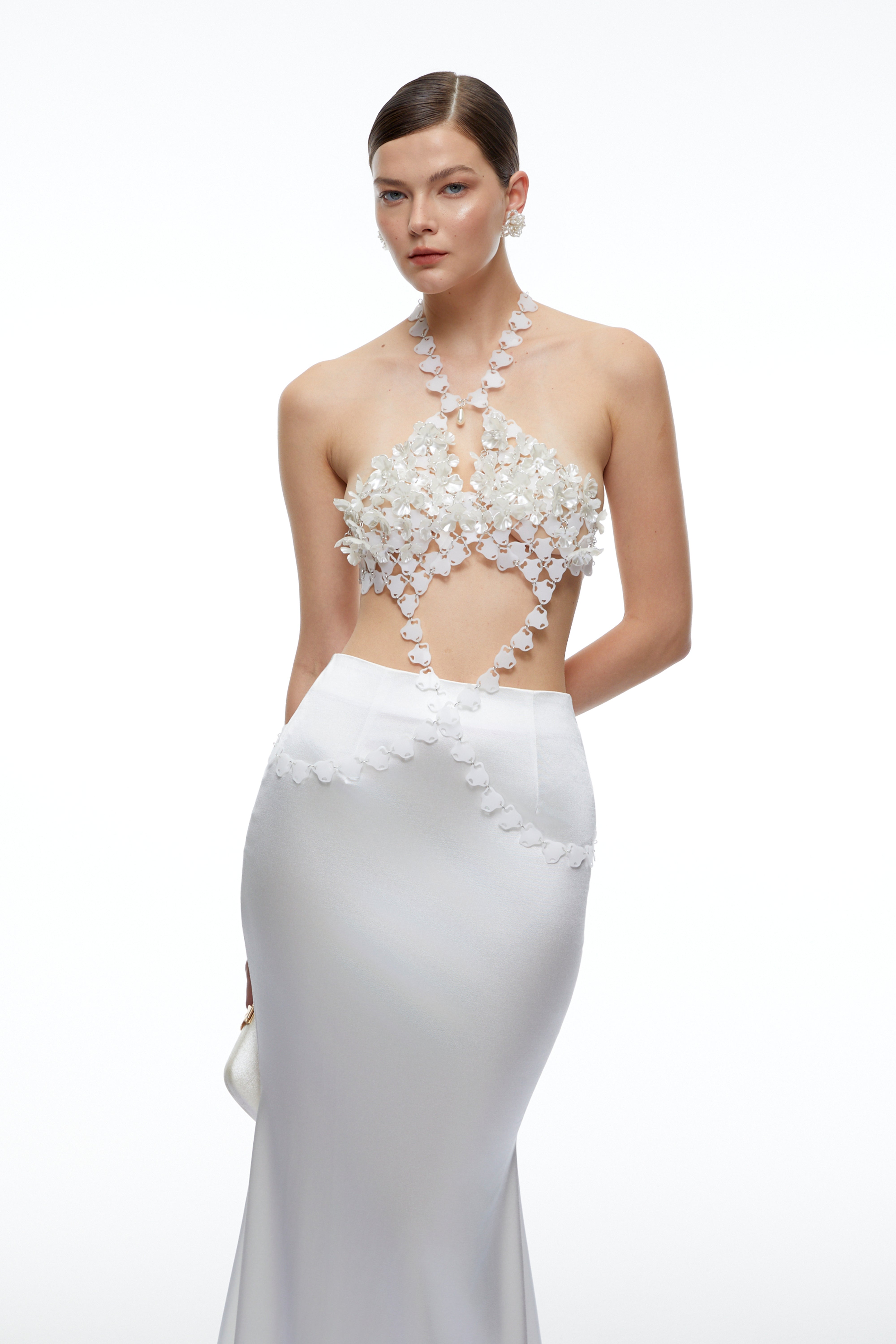 Faye White Halterneck Top & Skirt Set with Floral Applique