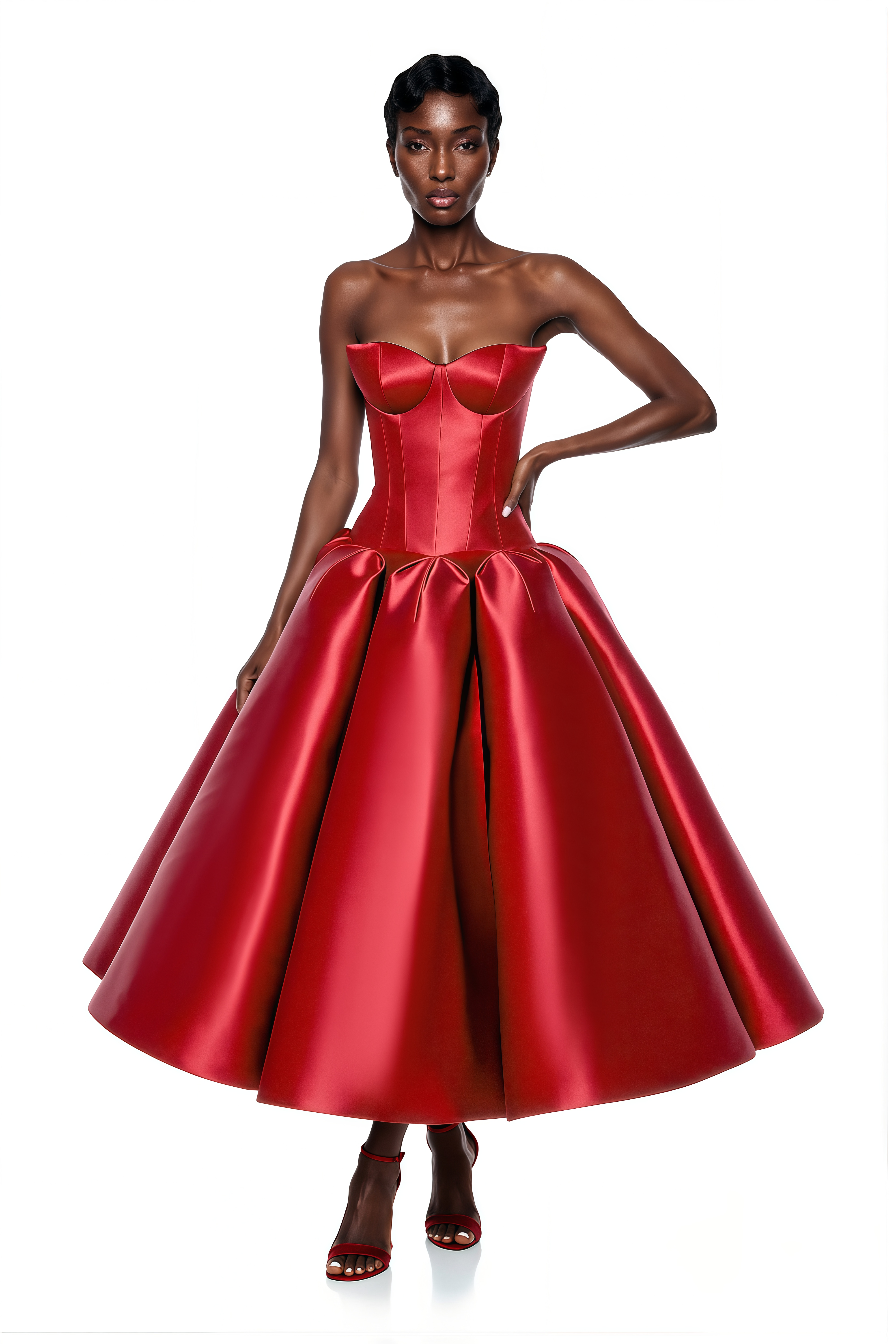 Red satin strapless midi dress featuring a structured corset bodice and a voluminous pleated ballgown skirt