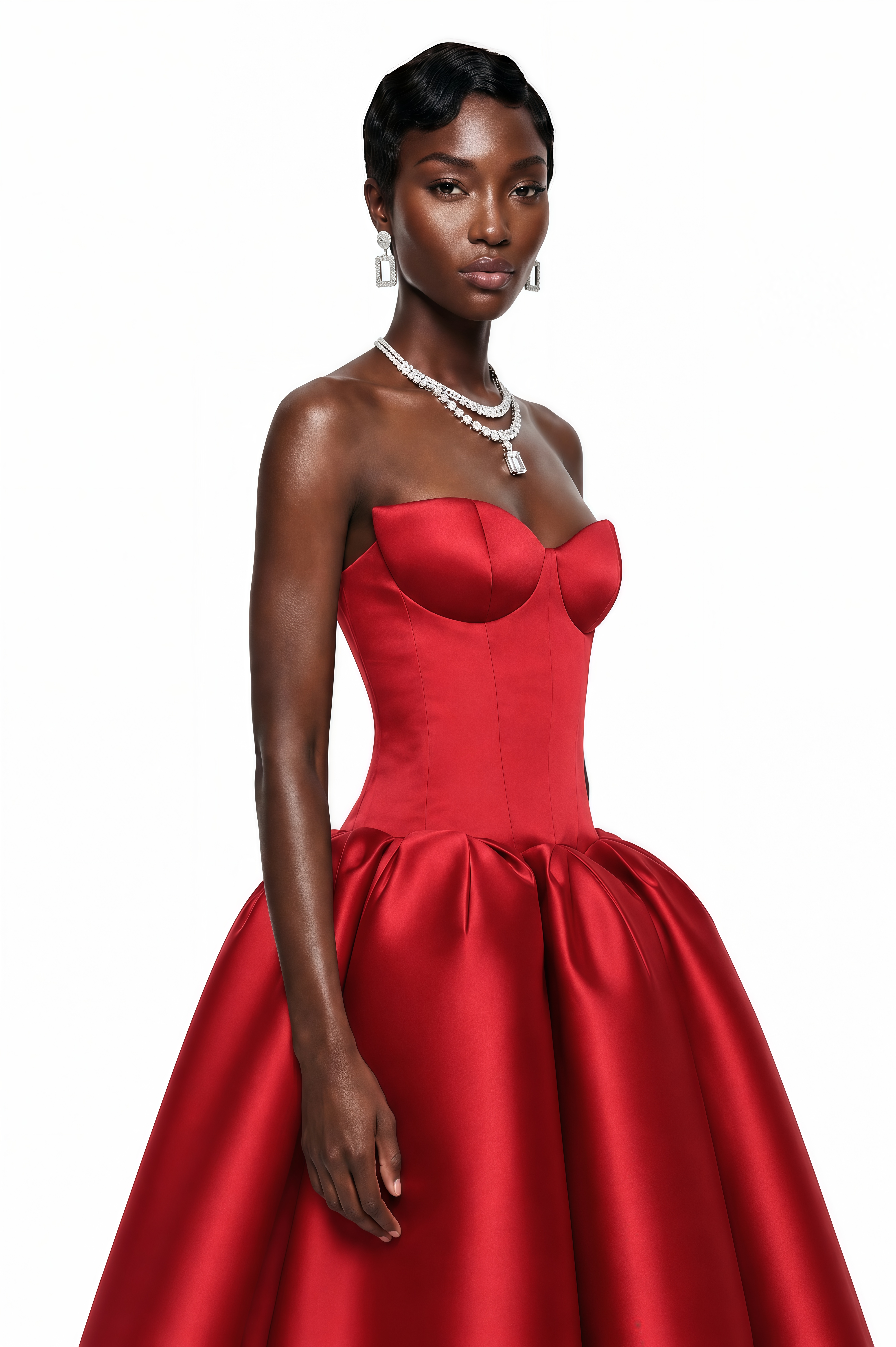 Red satin strapless midi dress featuring a structured corset bodice and a voluminous pleated ballgown skirt