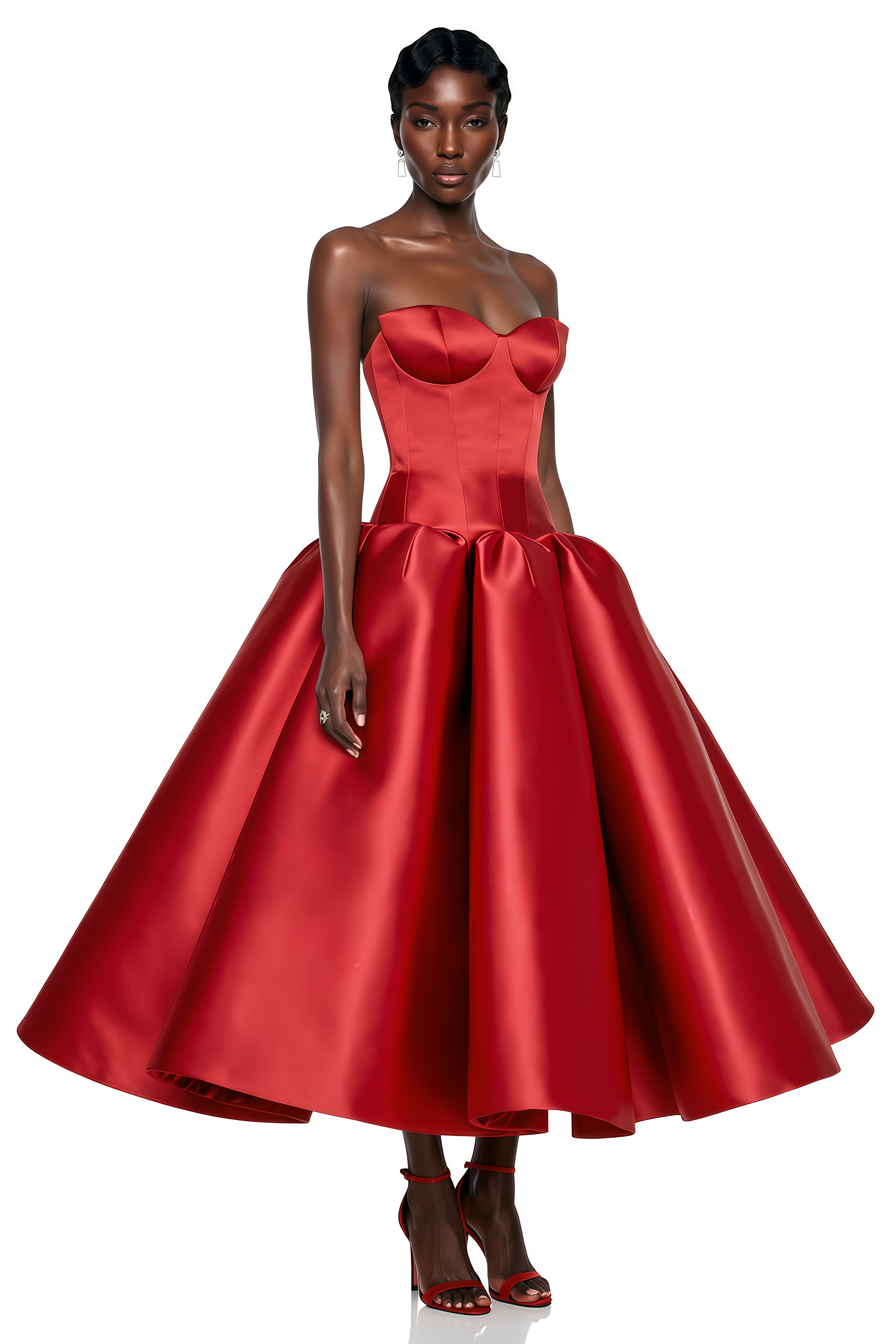 Red satin strapless midi dress featuring a structured corset bodice and a voluminous pleated ballgown skirt