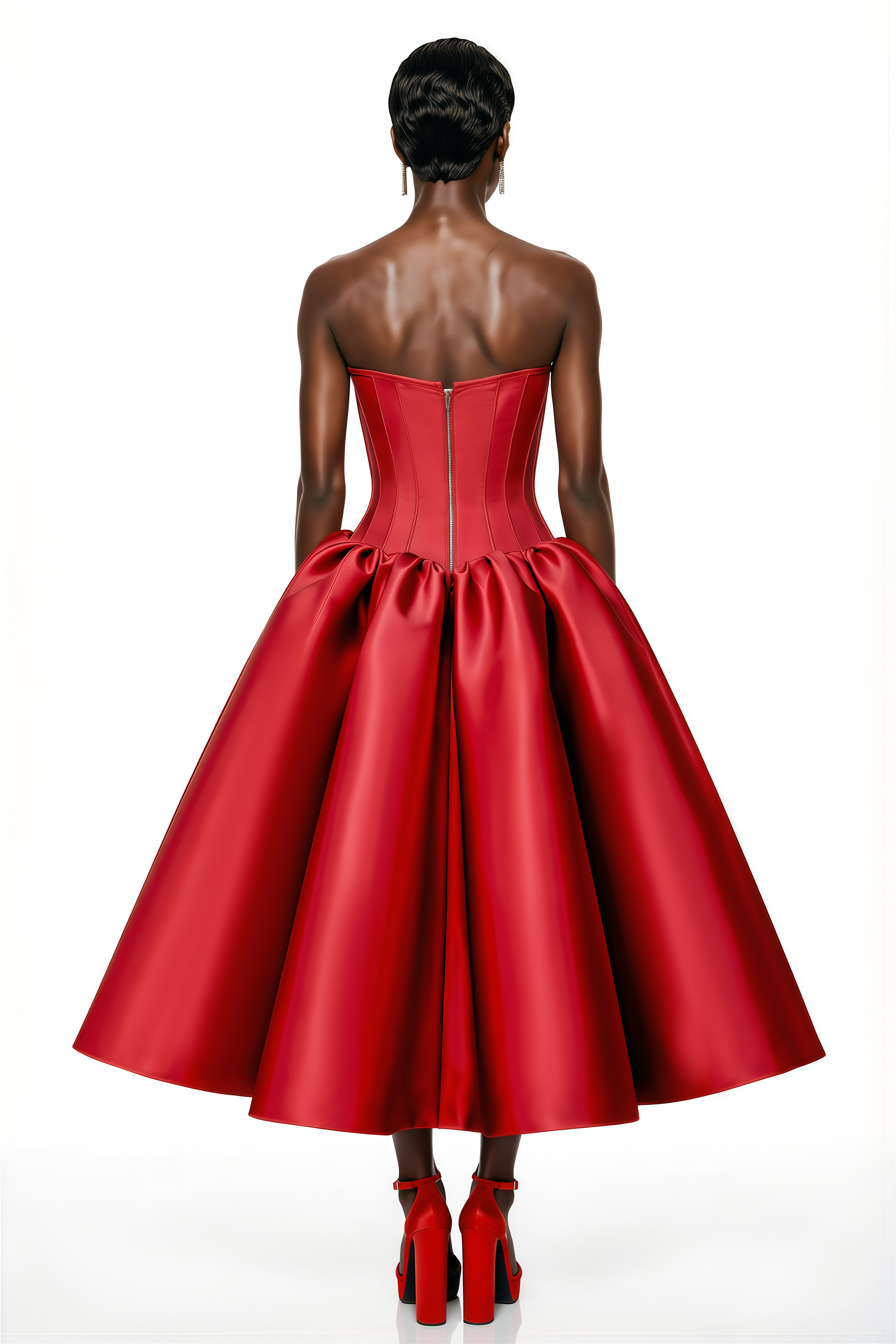 Red satin strapless midi dress featuring a structured corset bodice and a voluminous pleated ballgown skirt