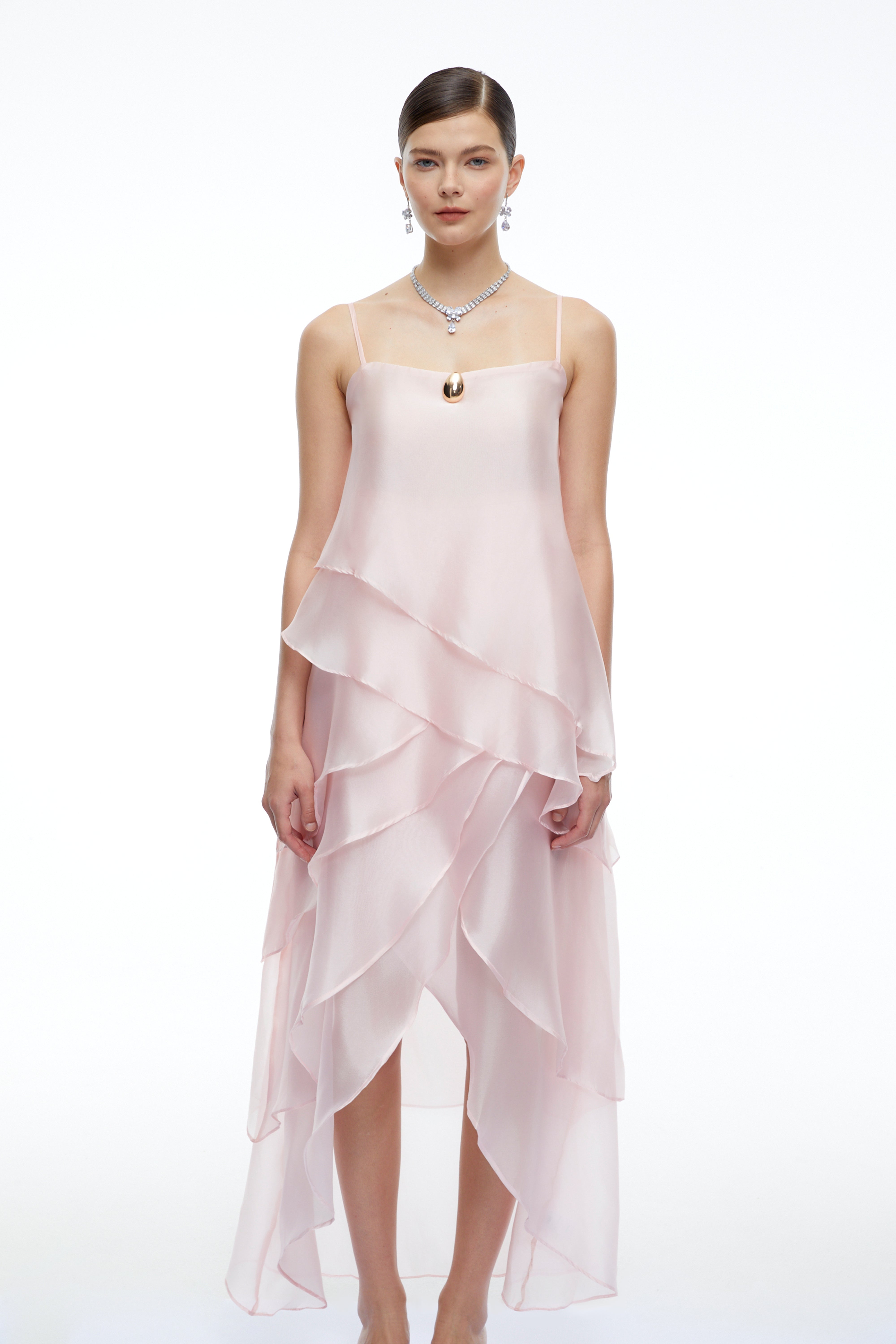Fenella Pink Tiered Halterneck Midi Dress