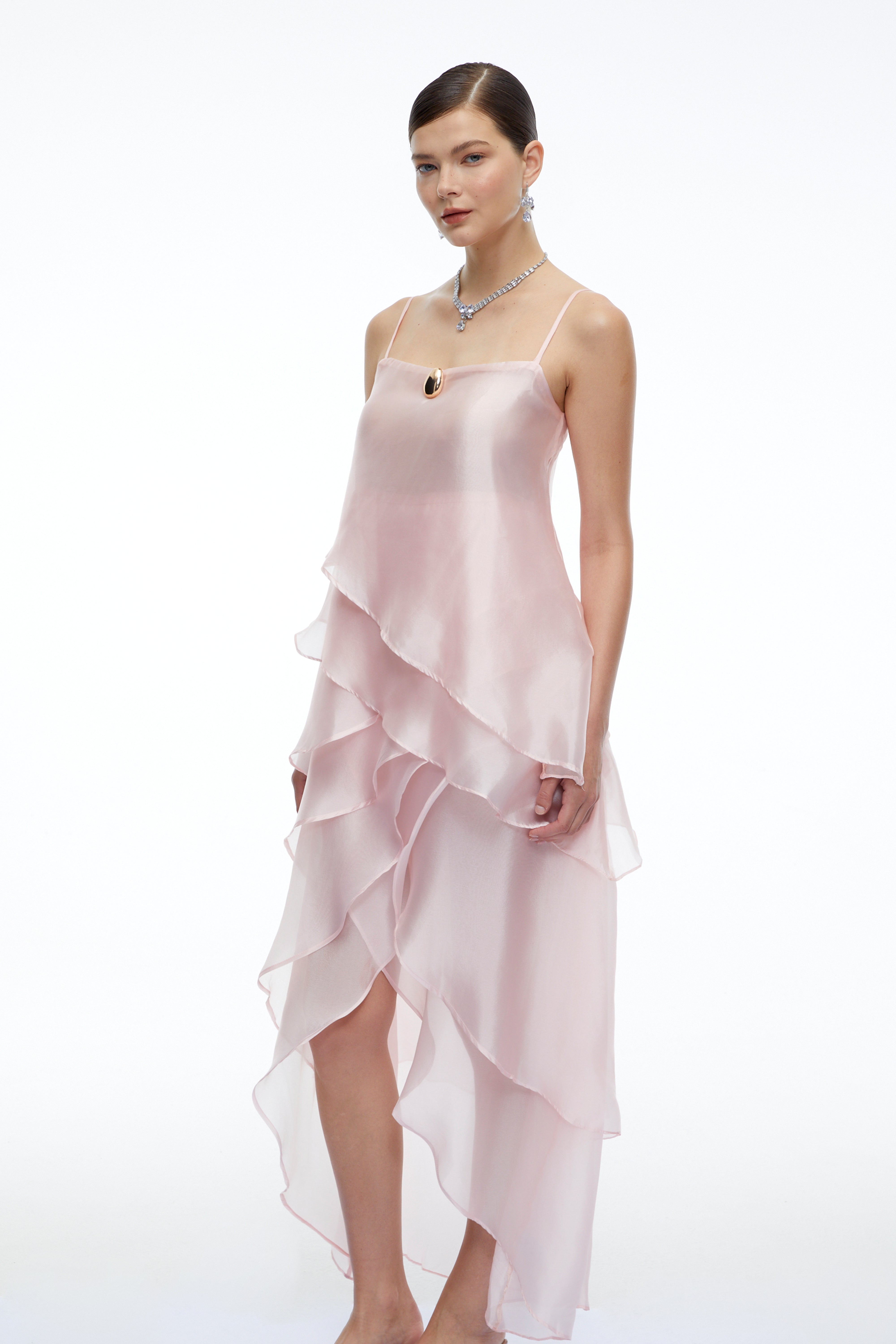 Fenella Pink Tiered Halterneck Midi Dress