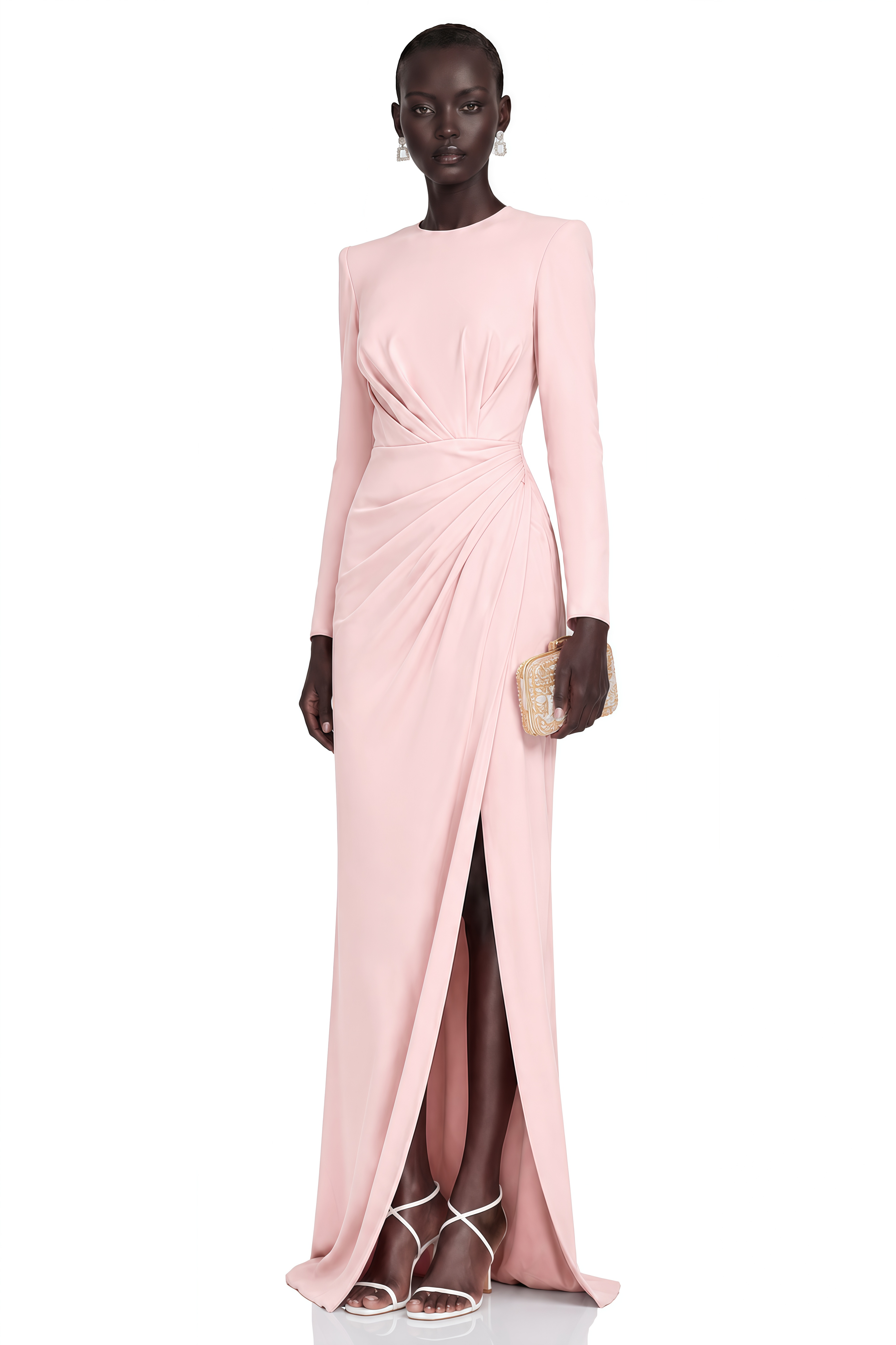 Feriha Pink Ruched Maxi Dress with High Slit (Final Sale-US Only)