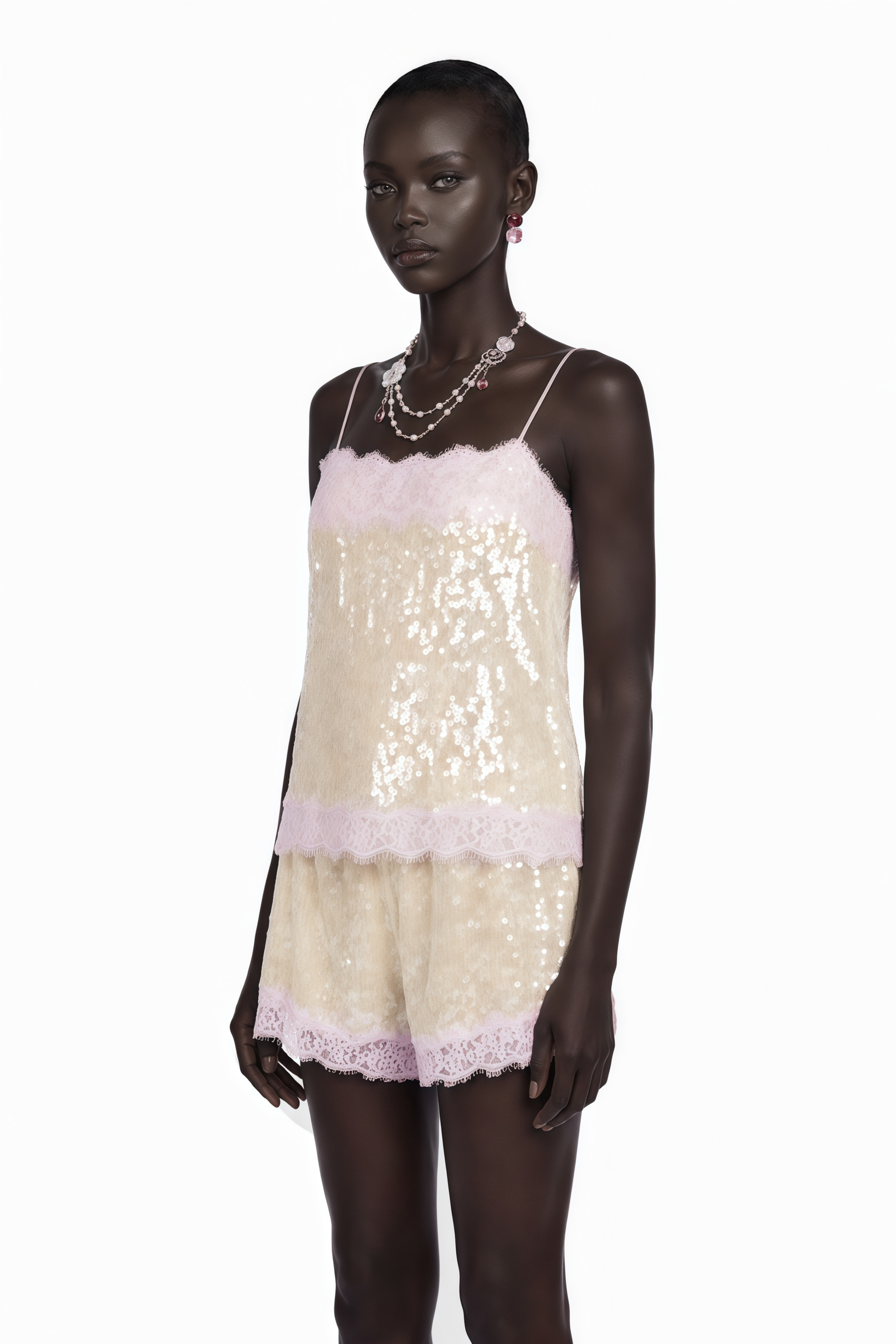 Fiona Neutral Sequin Top & Shorts Set with Lace Trim