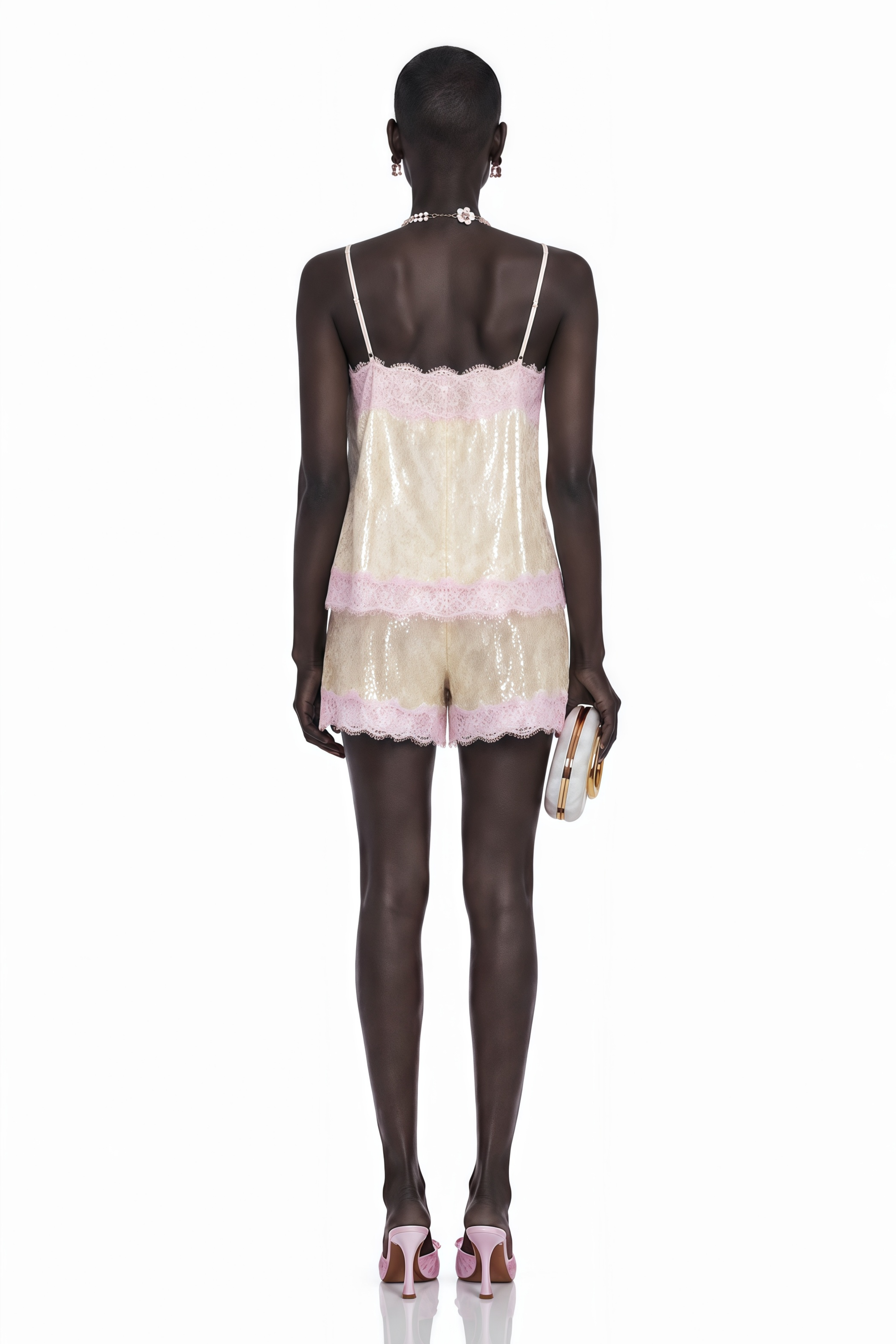 Fiona Neutral Sequin Top & Shorts Set with Lace Trim
