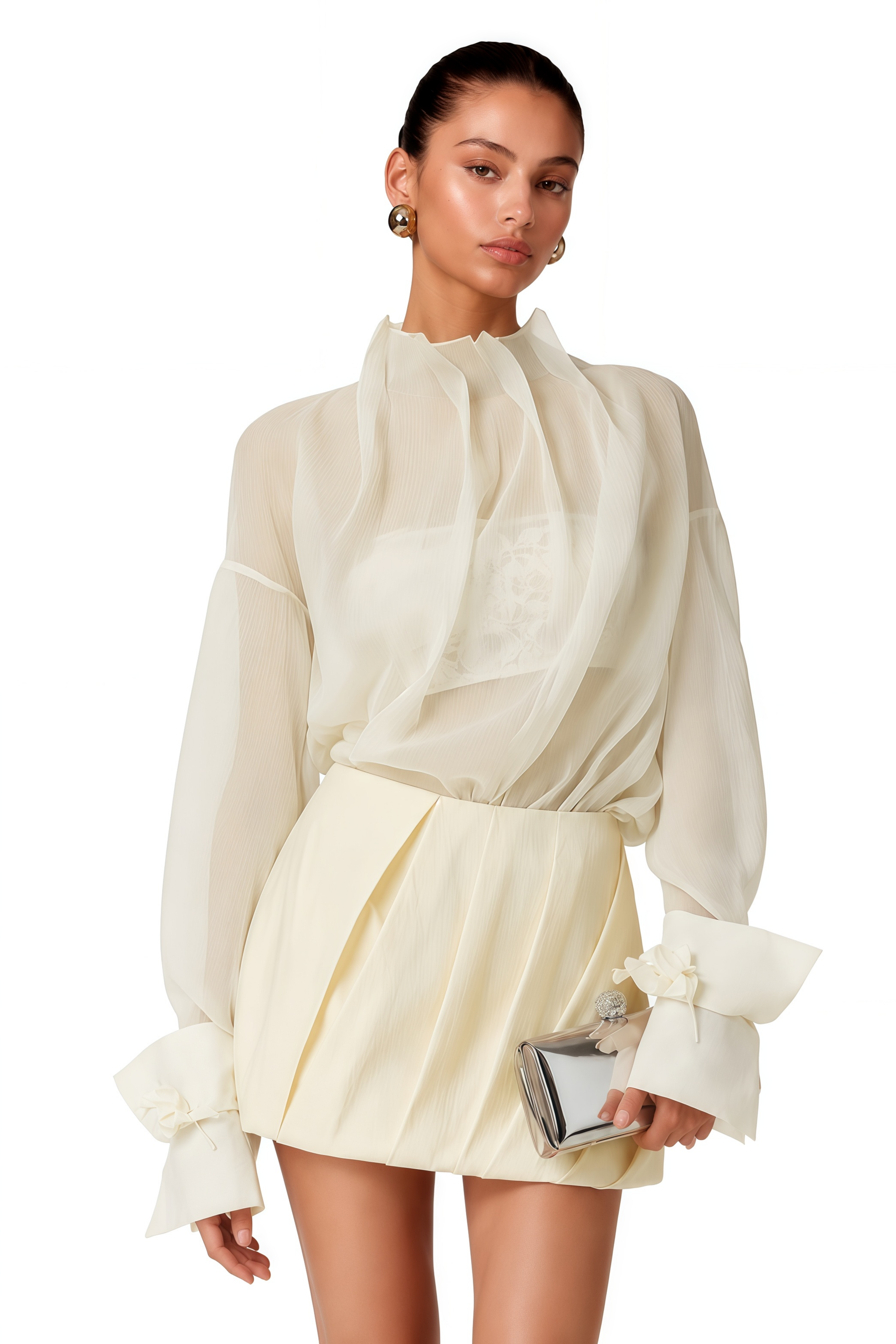 Fioralise Neutral High Neck Ruched Blouse & Skirt Set